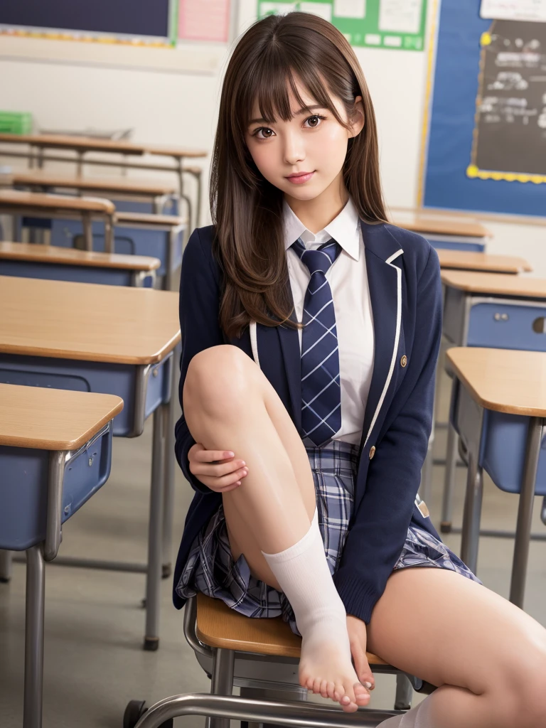 masterpiece,Highest quality,Very detailed,High resolution,(Realistic, photoRealistic:1.37),Excellent anatomy, One beautiful woman,20-year-old,Height: 152cm,high school girl,A small smile,Gravure idol, high school girlの制服,blazer,(shape),Checkered Pleated Micro Mini Skirt,Navy blue knee-high socks,garter belt,huge,Disheveled uniform,((Very delicate and beautiful)),((High school classroom:1.2)),locker room,Schoolyard,Brown Hair,Long Hair,bangs,Very beautiful face,Cute type,Big Natural Color Lip,Small and cute nose,Big and pretty eyes,Brown eyes,Obvious double,Shiny highlight spots around the eyes,Character Focus,Tilt your head,The best light,Best Shadow,mysterious,Perfect Face,Very detailed, Soft Skin,(Glowing Skin, Sweaty: 1.3),Beautiful feet,Voluptuous thighs,Plump body,hugeな胸,(Expresses the roundness and softness of the chest area.........1), Beautiful body,(The perfect woman),Acrobatic pose,Gravure idolのポーズ