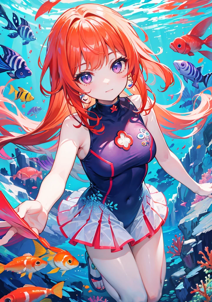 The vibrant coral reefs teemed with a kaleidoscope of colorful fish, creating a mesmerizing underwater paradise、30 years old、1 girl、purple eyes、orange hair、