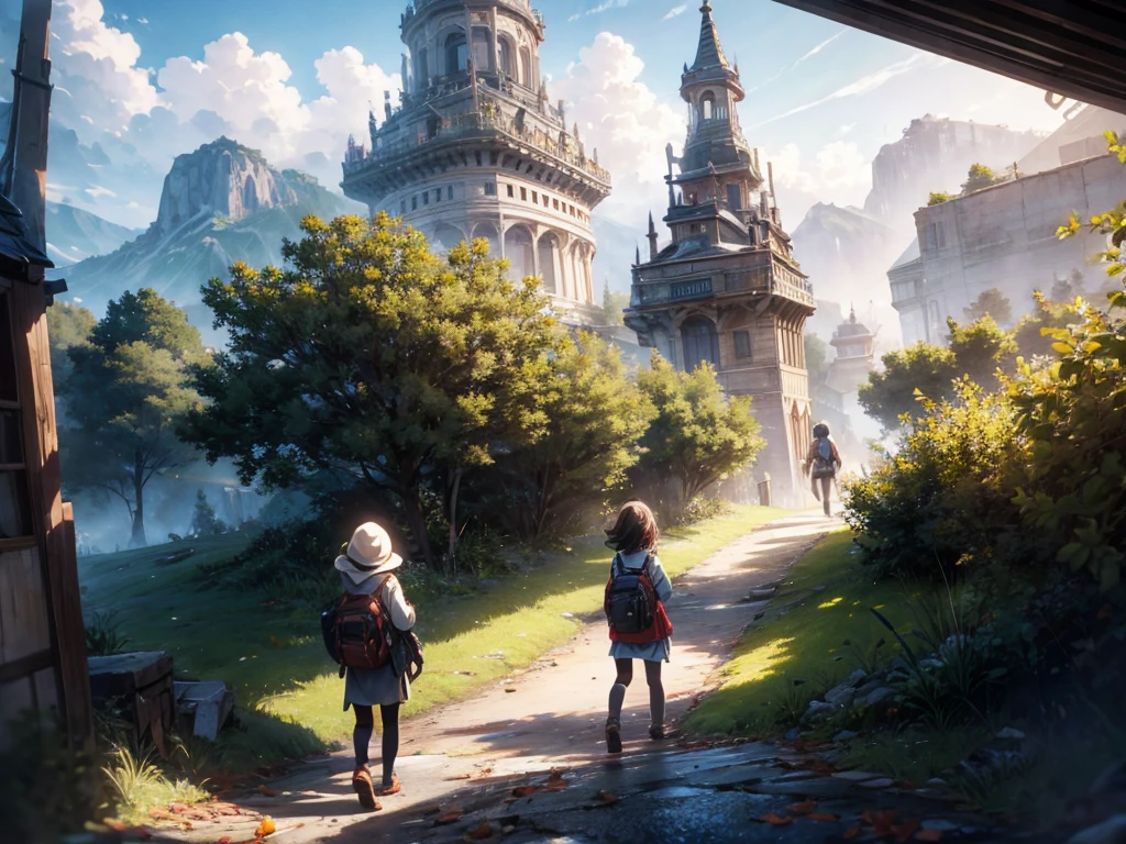 Fallen leaves on the mountain path, Top vent,boy,girl,Tower,Inspired by Sylvain Sarrailh, Shinkai Makoto Cyril Rolando, Concept Art Wallpaper 4K, Digital Concept Art, Inspired by Artie Guerin