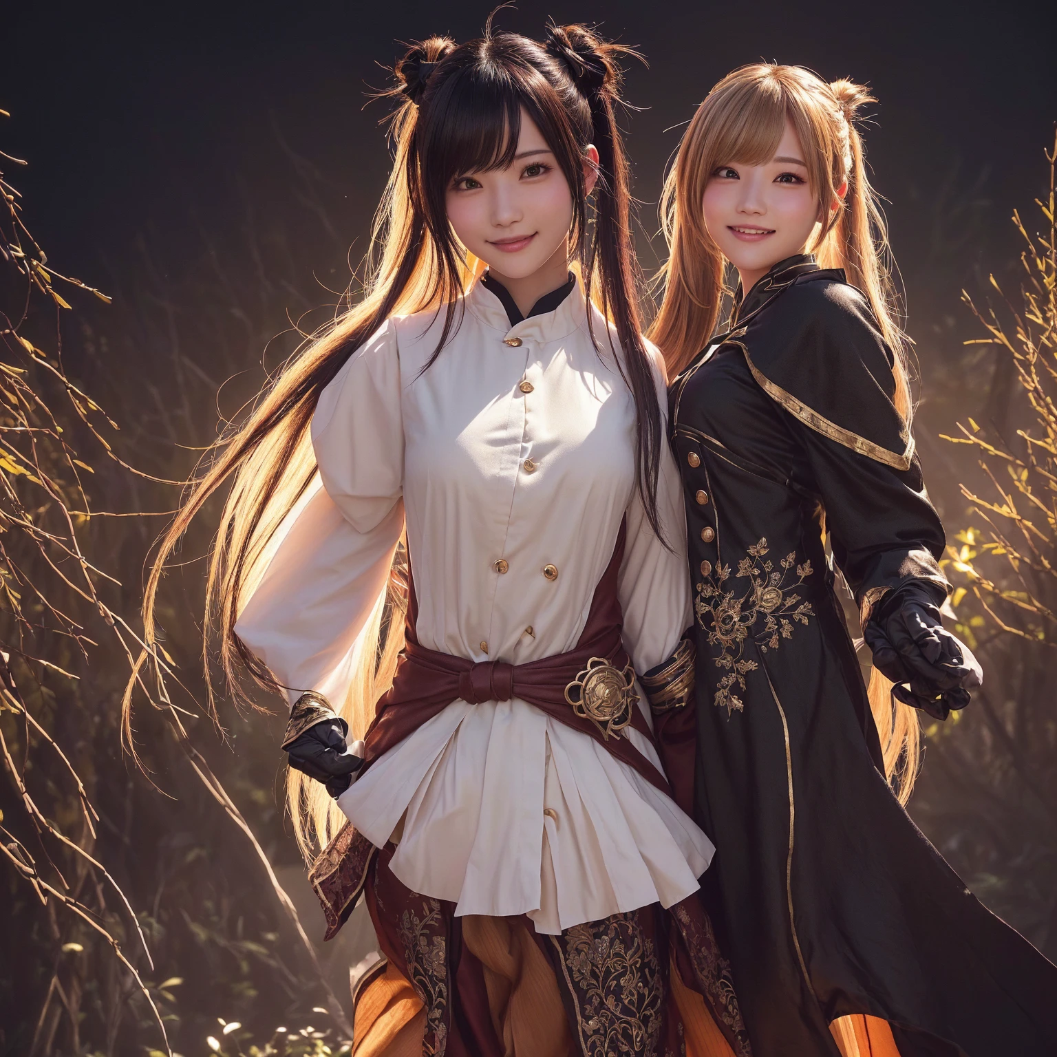 Create an image of a Tamer character from Black Desert Online, wearing the Premium Daru Outfit. The character has long hair tied into two ponytails on each side, giving a cute and adorable appearance. The hair should look soft and shiny, with a cheerful and friendly facial expression. The background could be a bright forest or a magical area that complements the character's cute vibe. Emphasize the outfit with smooth textures and vibrant colors, and use lighting effects that highlight the high-quality details of the overall image.