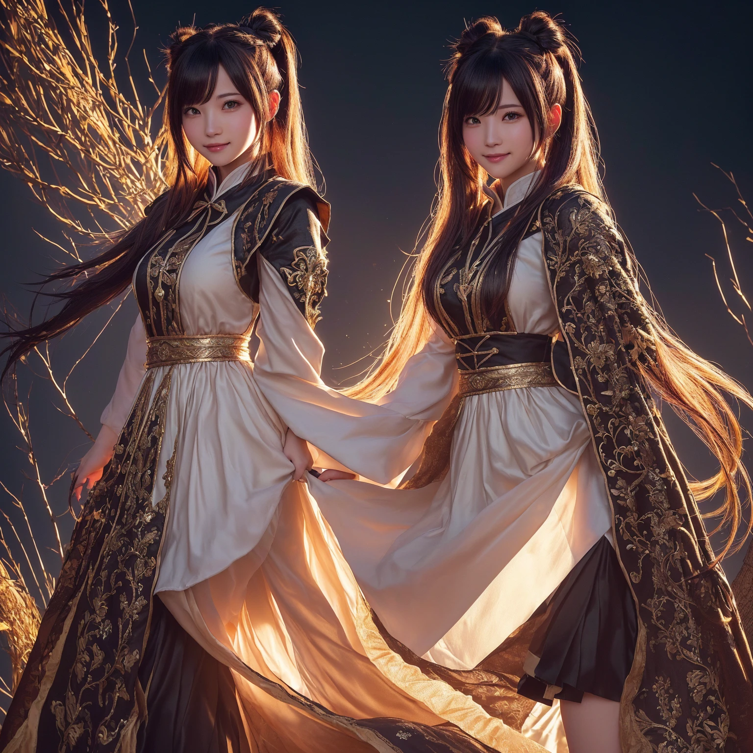 Create an image of a Tamer character from Black Desert Online, wearing the Premium Daru Outfit. The character has long hair tied into two ponytails on each side, giving a cute and adorable appearance. The hair should look soft and shiny, with a cheerful and friendly facial expression. The background could be a bright forest or a magical area that complements the character's cute vibe. Emphasize the outfit with smooth textures and vibrant colors, and use lighting effects that highlight the high-quality details of the overall image.