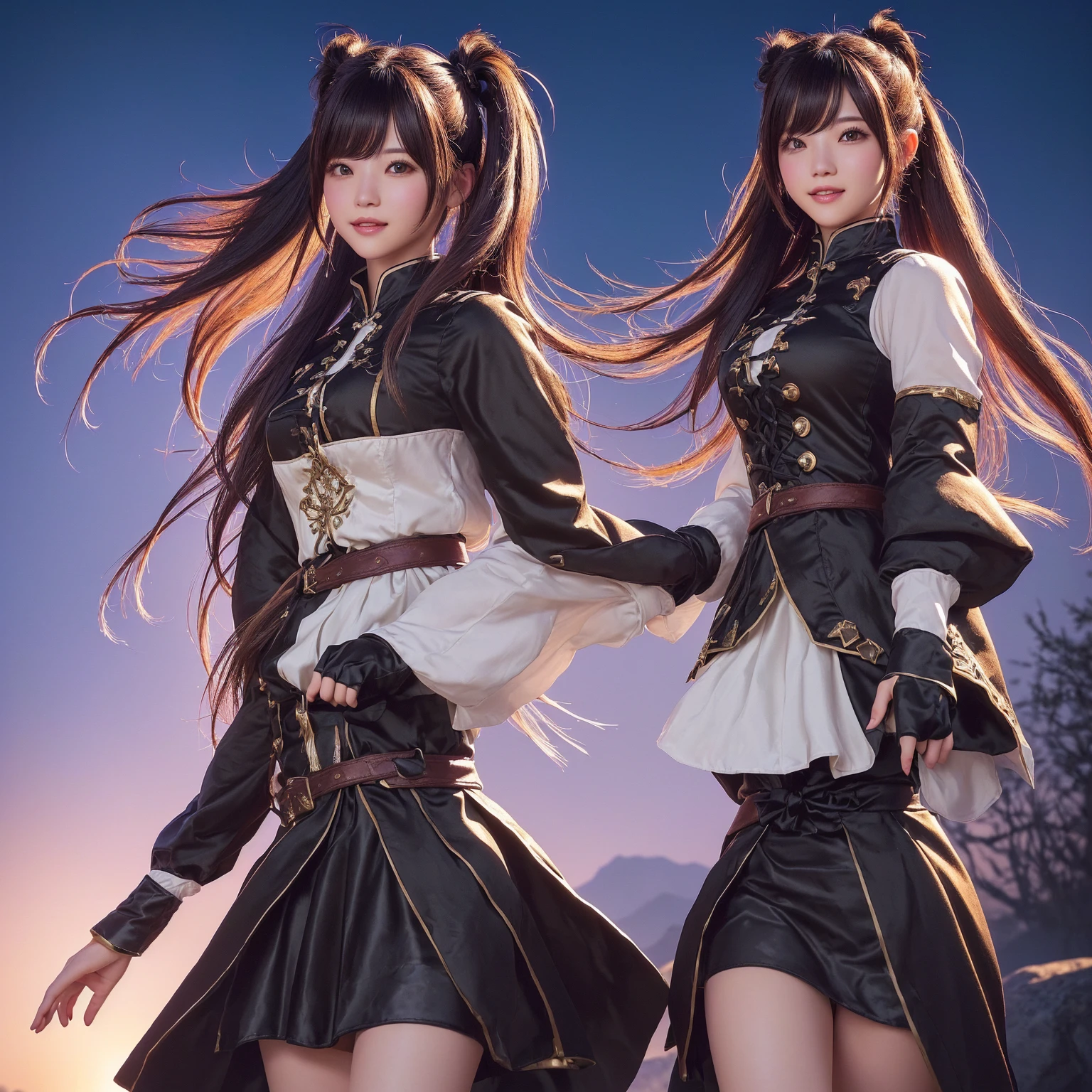 Create an image of a Tamer character from Black Desert Online, wearing the Premium Daru Outfit. The character has long hair tied into two ponytails on each side, giving a cute and adorable appearance. The hair should look soft and shiny, with a cheerful and friendly facial expression. The background could be a bright forest or a magical area that complements the character's cute vibe. Emphasize the outfit with smooth textures and vibrant colors, and use lighting effects that highlight the high-quality details of the overall image.