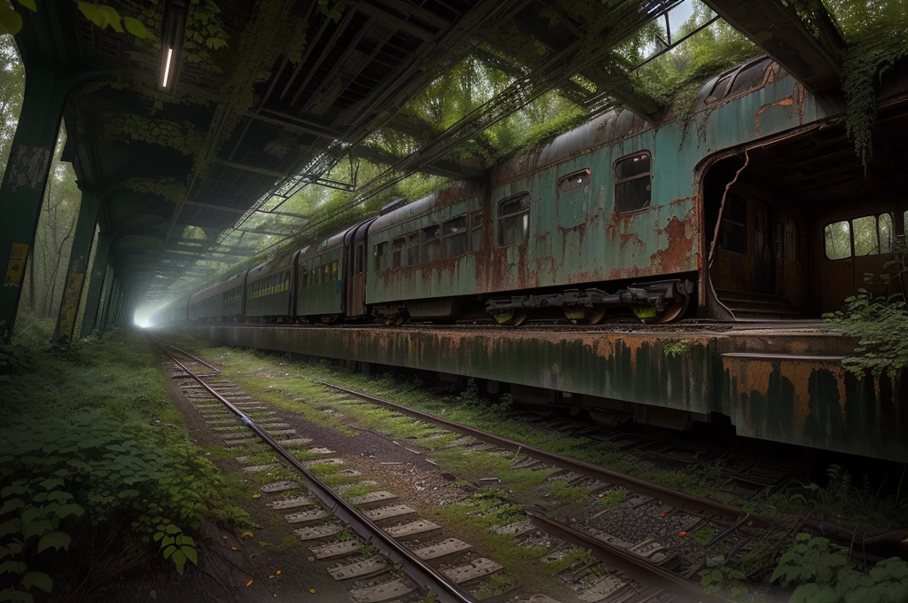 There is a train running under a bridge in the woods, abandoned railroad, an abandoned rusted train, abandoned railroads, Overgrown environment, Overgrown place, Post-apocalyptic atmosphere, an Overgrown, Overgrown, vegetation inspiration, Overgrown city, abandoned, Realistic dark concept art, dieselpunk train station, post apocalyptic scene, Post-End Day Setting ,((low angle shot 1.7)) ((Camera lens close to the ground to shoot 1.8))
