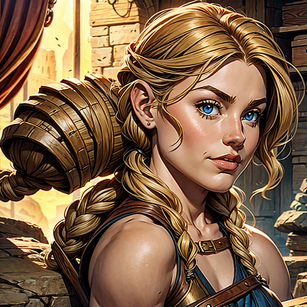 fantasy painting, closeup a beautiful female swinging a hammer, anvil, forge, grunge, sweat, tired, exhausted, medieval, hd, ultra detailed