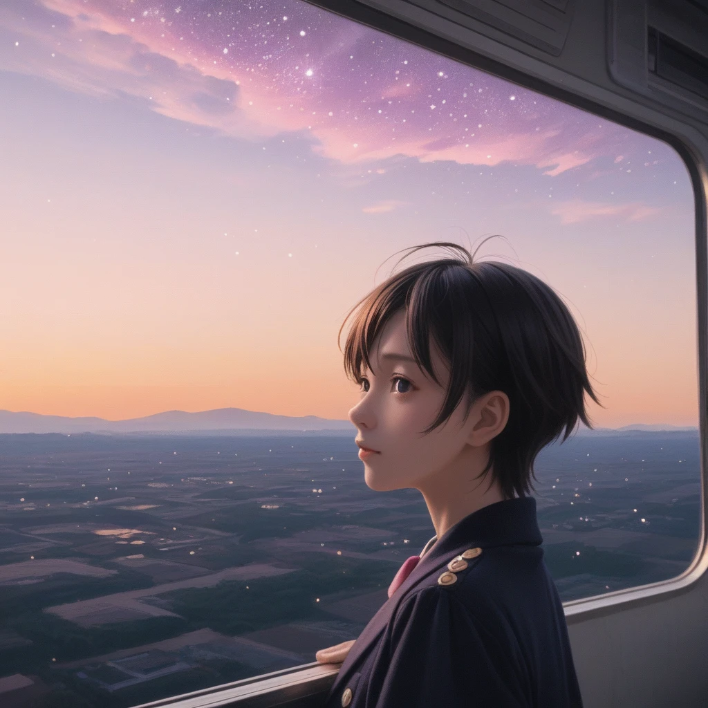 anime scene of a train passing under a pink and purple sky, an anime drawing by Makoto Shinkai, trend on pixiv, magical realism, beautiful anime scene, cosmic skies. By Makoto Shinkai, ( ( Makoto Shinkai ) ), By Makoto Shinkai, animated background art, style of Makoto Shinkai