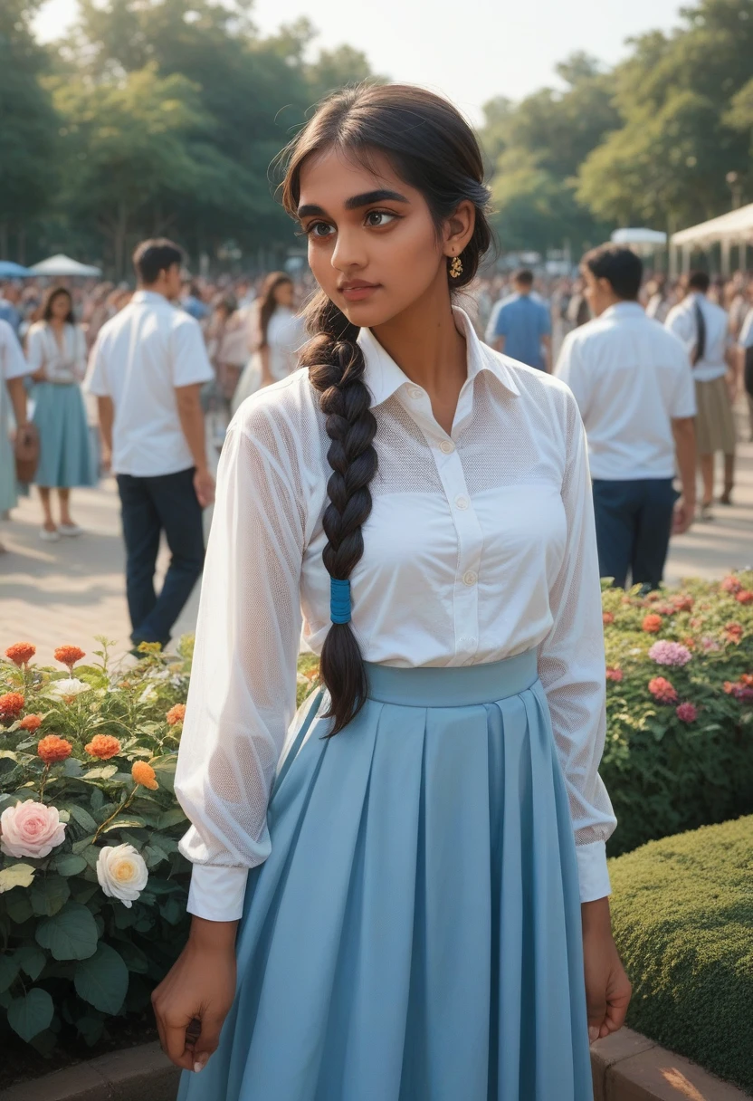 Collage of girl in indian marriage garden , standing in middle of crowd and bustle , she wearing white shirt and long long net light blue skirt ,with twist braid hairstyle