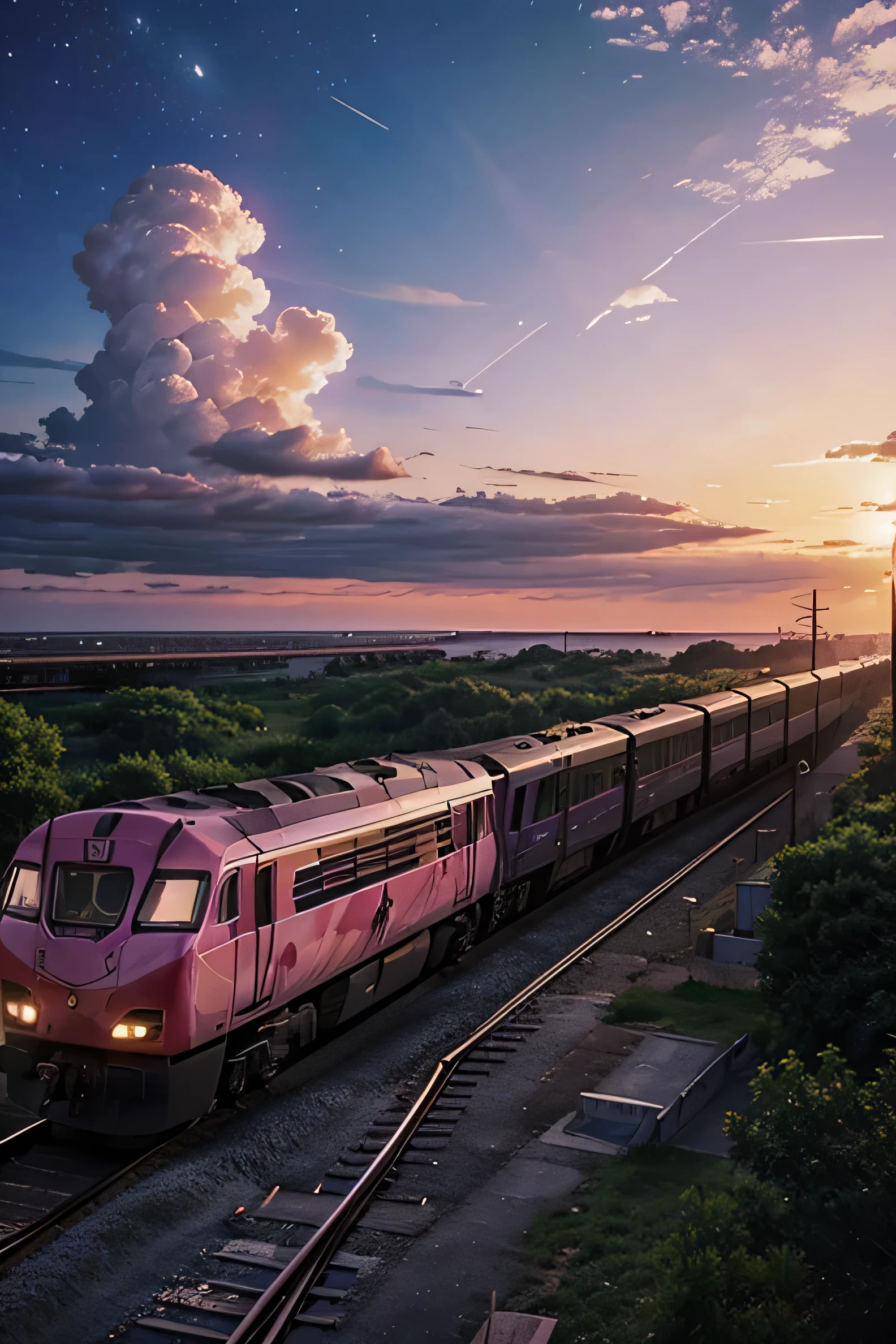 anime scene of a train passing under a pink and purple sky, an anime drawing by Makoto Shinkai, trend on pixiv, magical realism, beautiful anime scene, cosmic skies. By Makoto Shinkai, ( ( Makoto Shinkai ) ), By Makoto Shinkai, animated background art, style of Makoto Shinkai