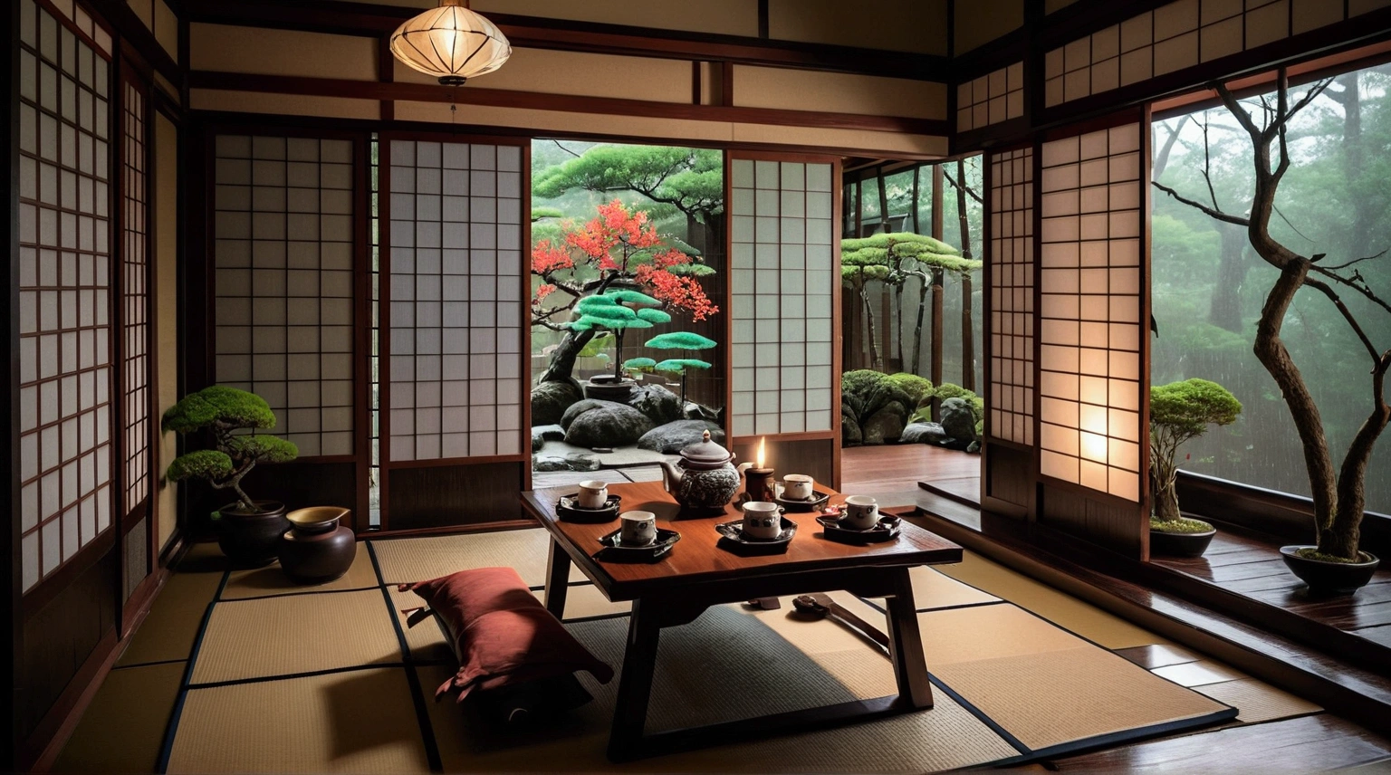 Traditional Japanese interior with tatami mats, shoji screens and views of the lush gardens outside. This room is equipped with a low wooden table with tea cups and a bonsai tree, creating a serene and peaceful atmosphere, rainy outdoors