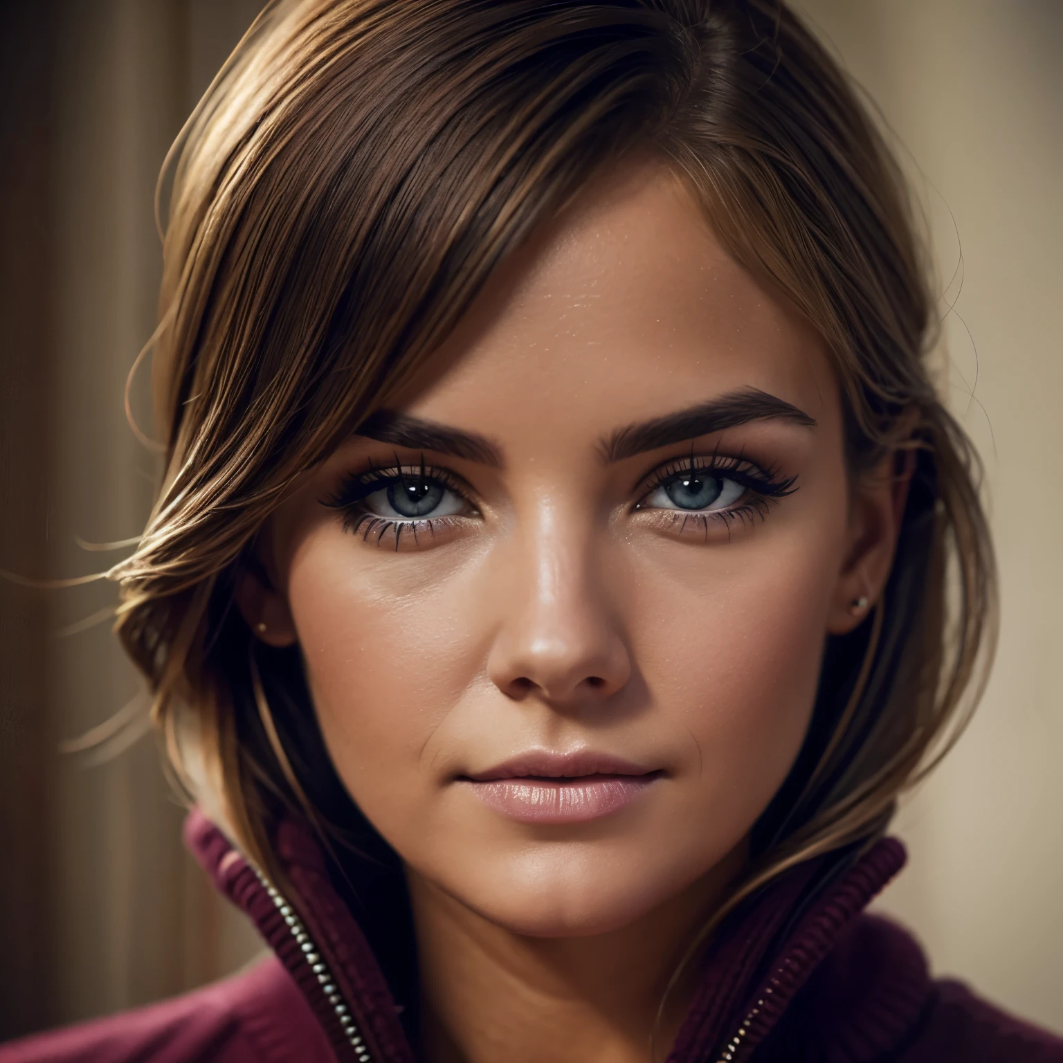 Elizabeth upton, professional photography, ultra-realistic, ultra-detailed, hd, looking at the camera, make-up, black eyes, ultra-realistic, ultra-detailed, perfect, wool bordeaux sweatshirt,
