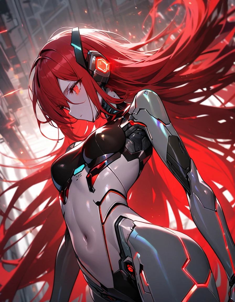 science fiction, android girl(metallic skin, cyber joint, coating red hair, red flash eyes)