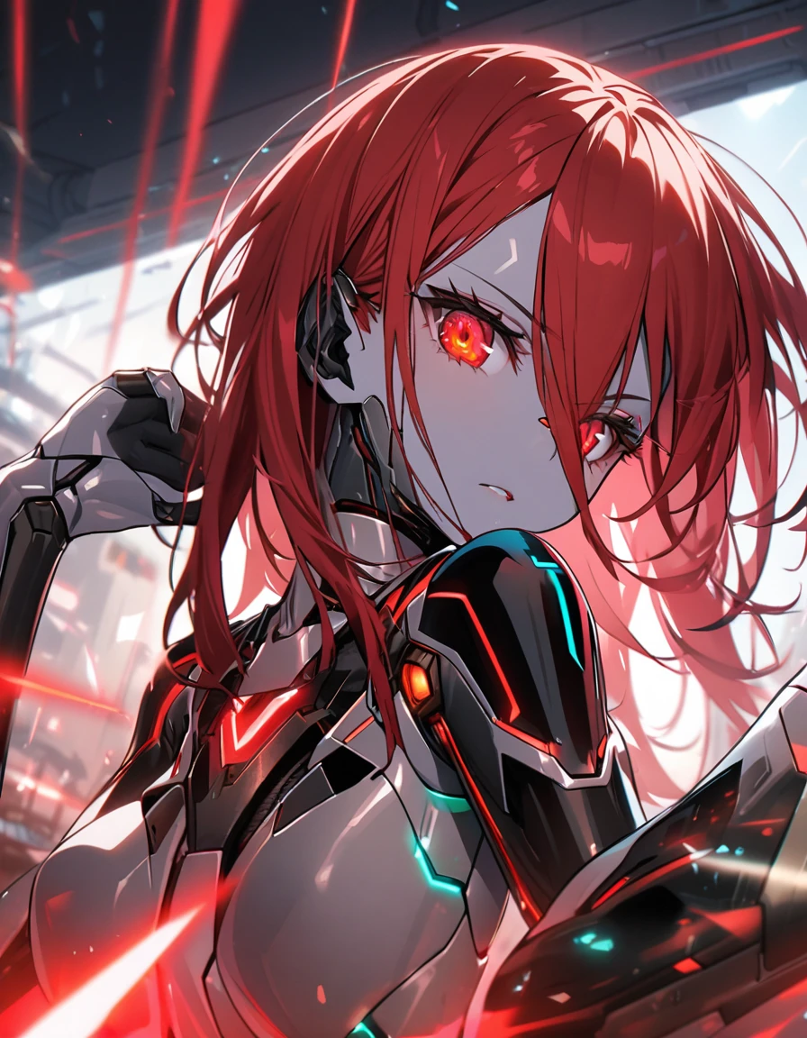 science fiction, android girl(metallic skin, cyber joint, coating red hair, red flash eyes)