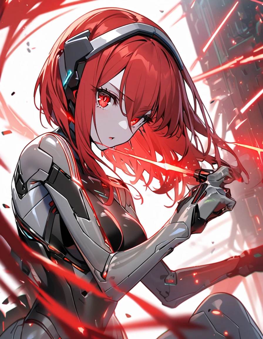 science fiction, android girl(metallic skin, cyber joint, coating red hair)