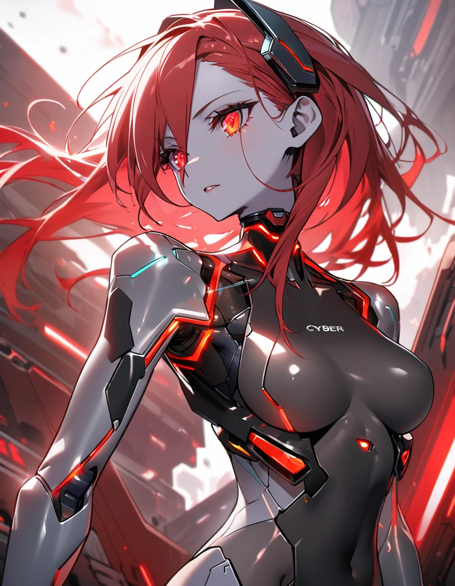 science fiction, android girl(metallic skin, cyber joint, coating red hair)
