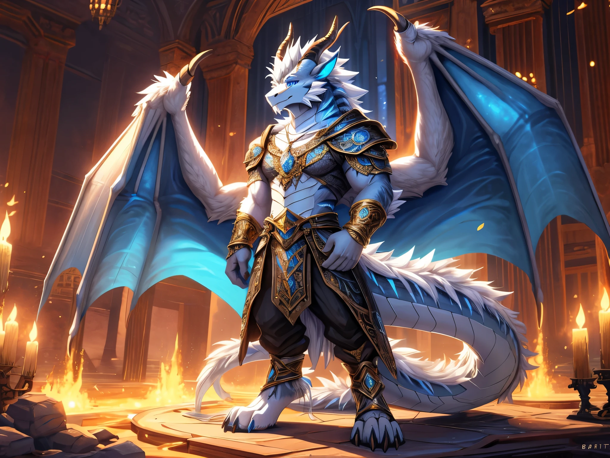 solo,(furred dragon),mature,male,((white fur)),wing,fluffy furs,dragon horns,blue_eyes,cat's eye,tail,handsome,toe claws,digitigrade,blue pawpads,leaning,anklet,bracelet,pendant,clothing details,epic,mgaical,Fantasy,floating_island,Cinematic Lighting,cirrocumulus,perfect lighting,(best quality),(masterpiece),(ultra detailed),sharp focus,(detailed eyes),depth of fieldExtremely gorgeous metal style, Metal crown with ornate stripes, Various metals background, Sputtered molten iron,Clothes made of silver, Clothes with gold lace, flowing gold and silver, everything flowing and melt, flowing iron, flowing silver, lace flowing and melt,