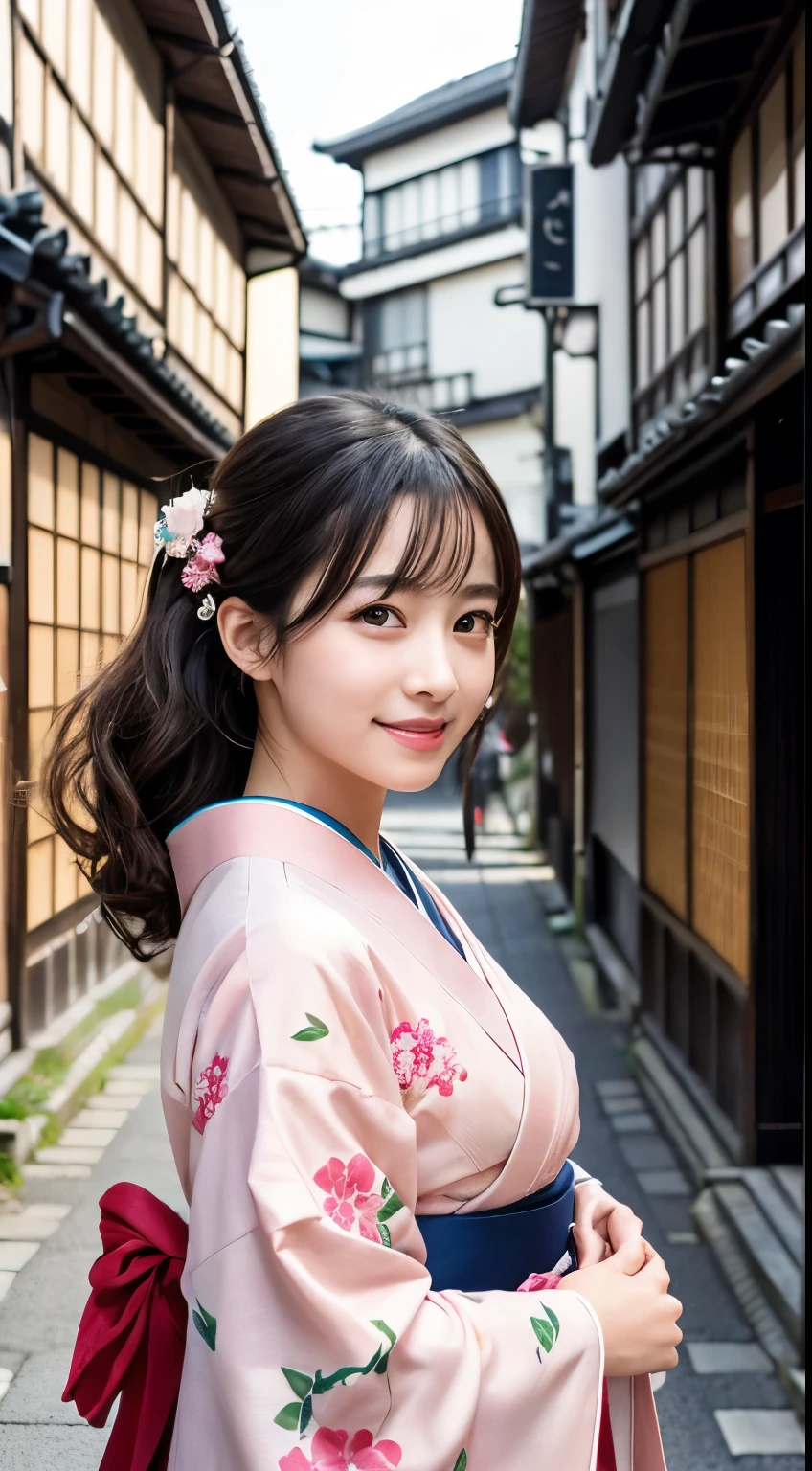 Professional Lighting,(Realistic:1.4), (Top image quality:1.0), (超High resolution:1.0), 8k, Raw photography, (masterpiece:0.2), (Dealing with the Children_v1:0.5)、(最高quality Detail:1.2)、Realistic、8kウルトラHD、High resolution、(1 girl:1.2)、超detailedな、High quality textures、複雑なdetailed、detailed、Very detailed CG、High quality shadows、detailed 美しく繊細な顔、Beautiful details and a delicate eye、(Symmetrical eyes:1.2),Written boundary depth、Ray Tracing,1 girl, Japanese Girls, (Natural smile:1.4),cute, thin, Portrait of a beautiful Japanese woman in a kimono, Standing elegantly on a street corner in Kyoto. Kimono with vibrant traditional patterns, Hair decorated with elegant and delicate hairpins, Gentle expression. (With the old streets of Kyoto in the background:1.4)、The soft light of a spring afternoon、Adding tranquility to the scene. Rendered in a Realistic style with great attention to detail, High resolutionの画像.Sky Porn, Magic Hour, (Realistic:1.3), finely, quality, (Tabletop:1.2), (Realistic:1.2), (最高quality), (複雑なdetailed), dramatic, Ray Tracing, photograph, +roller
