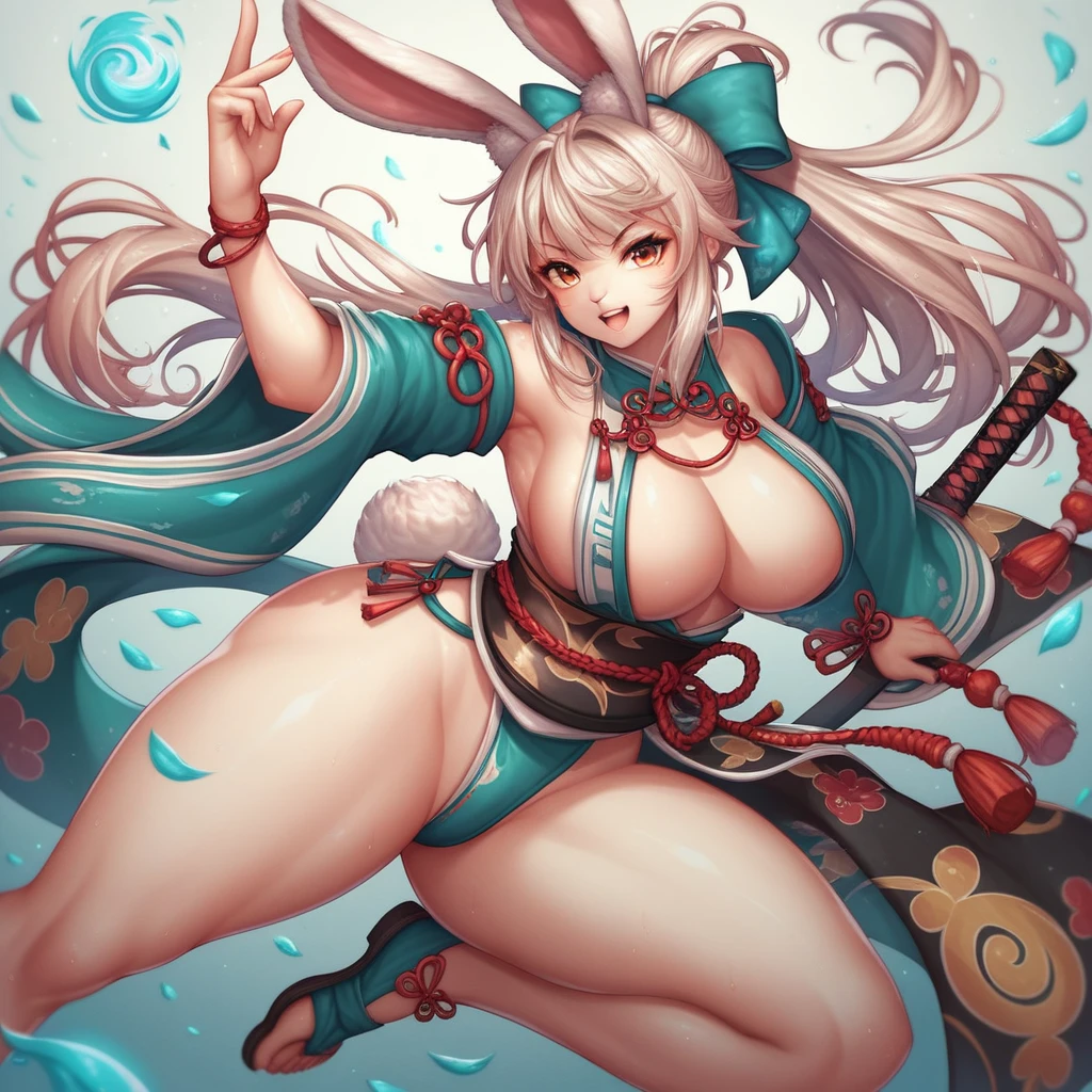 1girl, rabbitfolk, fantasy race, large breasts, bard, slutty revealing outfit, rabbit ears, rabbit tail, thick thighs, anthro rabbitfolk, martial artist, posing,
