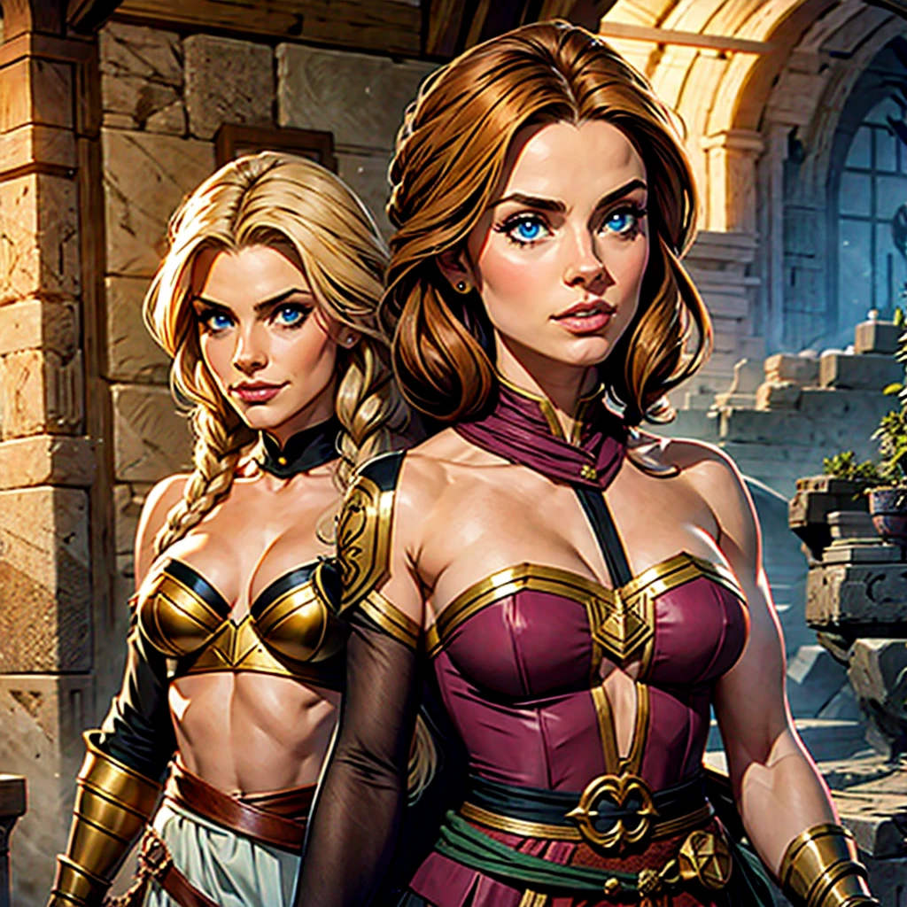  with short brown hair AND muscular viking woman with blonde braided hair. 2 characters. Dungeons and dragons characters. Fantasy.