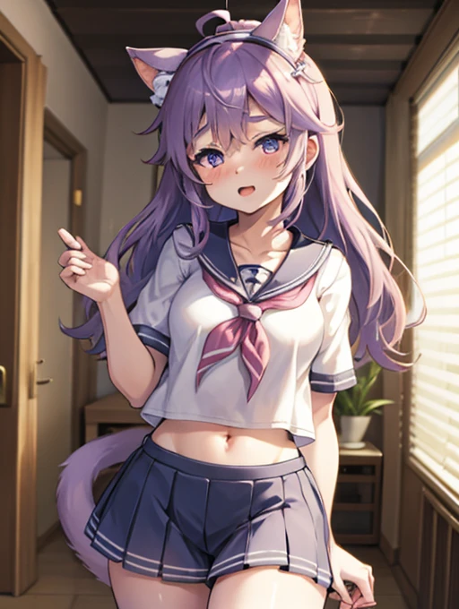 1girl, cat ears, lavender hair, serafuku, purple shirt, black hairband, midriff, white shorts, cat tail, ahoge, pov,imminent kiss:1.2