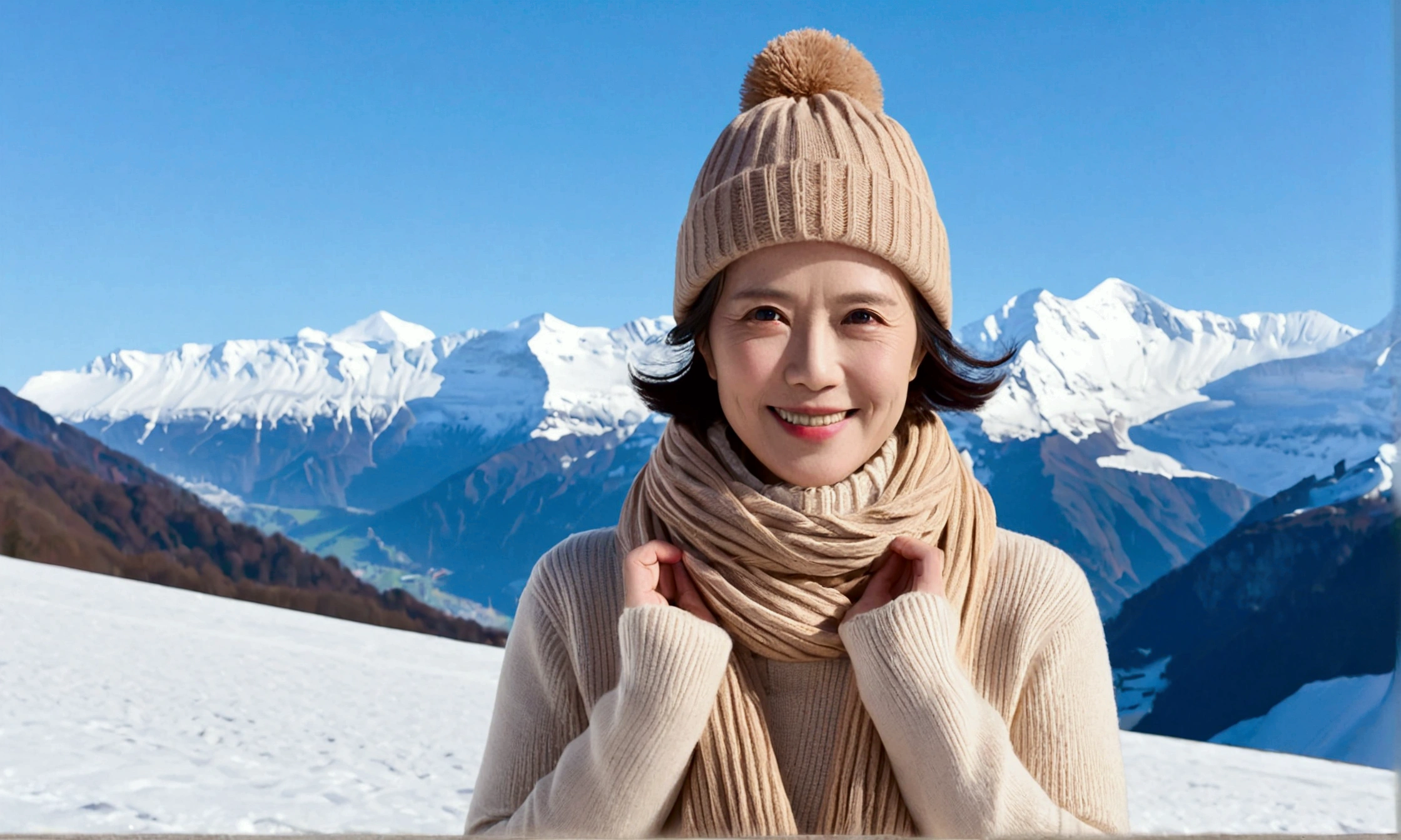 (detailed fingers), Korean woman in her 50s with short and medium hair, smiling face, short and , very beautiful.!, Get inspired by Son Ye-jin, photo realistic beautiful face, big eyes,double eyelid, black eye, Short hair, alone, Switzerland, The Jungfrau snowfield can be seen in the distance.. winter, highnecksweater, Wearing beige jean pants,, (Full body shot with Canon camera 16-35 wide angle lens, The white snow of Jungfrau can be seen in the distance.. Visible up to the waist, Woman in her 50s, wearing a beanie. A soft long scarf pulled down to the chest., clear sky, intense sunlight