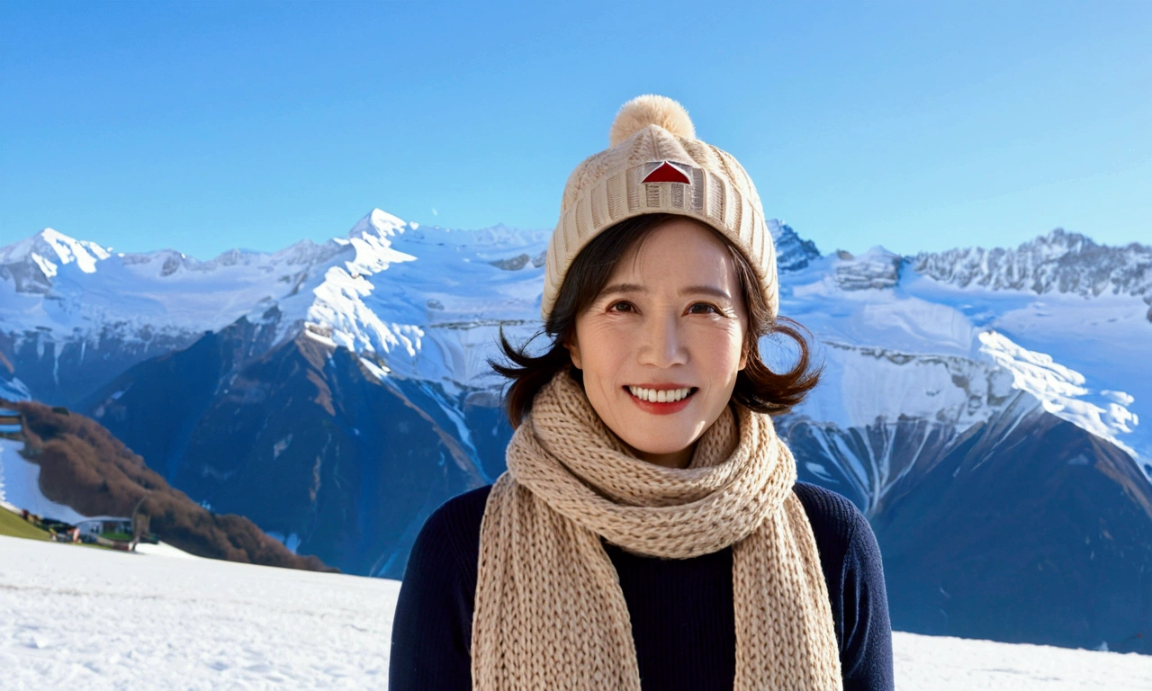 (detailed fingers), Korean woman in her 50s with short and medium hair, smiling face, short and , very beautiful.!, Get inspired by Son Ye-jin, photo realistic beautiful face, big eyes,double eyelid, black eye, Short hair, alone, Switzerland, The Jungfrau snowfield can be seen in the distance.. winter, highnecksweater, Wearing beige jean pants,, (Full body shot with Canon camera 16-35 wide angle lens, The white snow of Jungfrau can be seen in the distance.. Visible up to the waist, Woman in her 50s, wearing a beanie. A soft long scarf pulled down to the chest., clear sky, intense sunlight