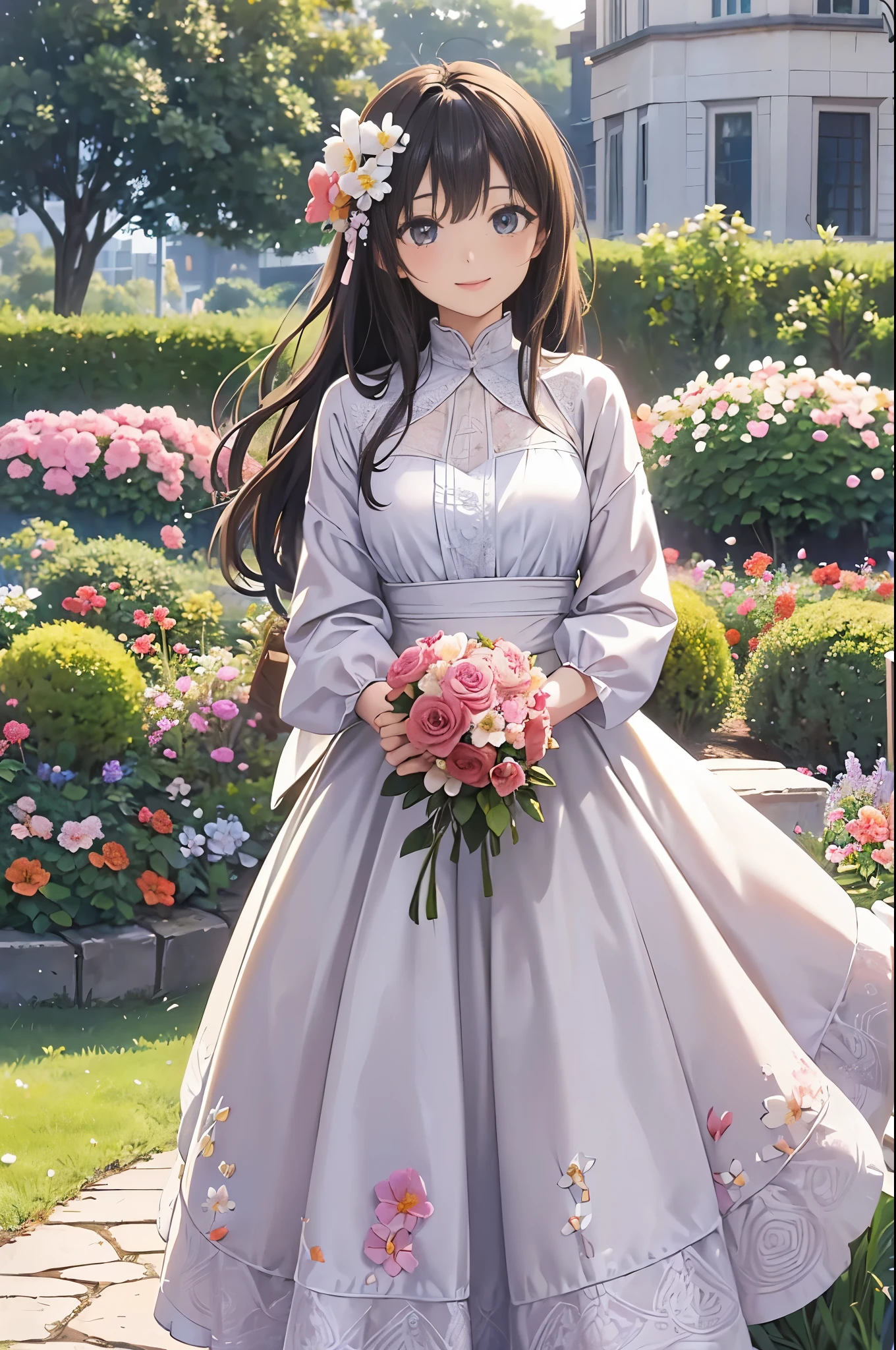 (((masterpiece)))、(((Highest quality)))、((Ultra-detailed))、(Awareness-raising)、((Very delicate and beautiful))、明るいsmile、floating、(Detailed light) (One Girl)、、Holding a bouquet、alone、Long-haired、The wind is blowing、world、(Cute eyes)Absurd, High resolution, (Official Art, beautifully、aesthetic:1.2), (close:1.2), Front configuration,
One Girl, (Long Hair:1.2), Wavy Hair, smile,
(All over the garden:1.6), (Flower effect:1.2), (Floral Background:1.2), (Background full of flowers:1.4), (Fancy Background:1.1),
