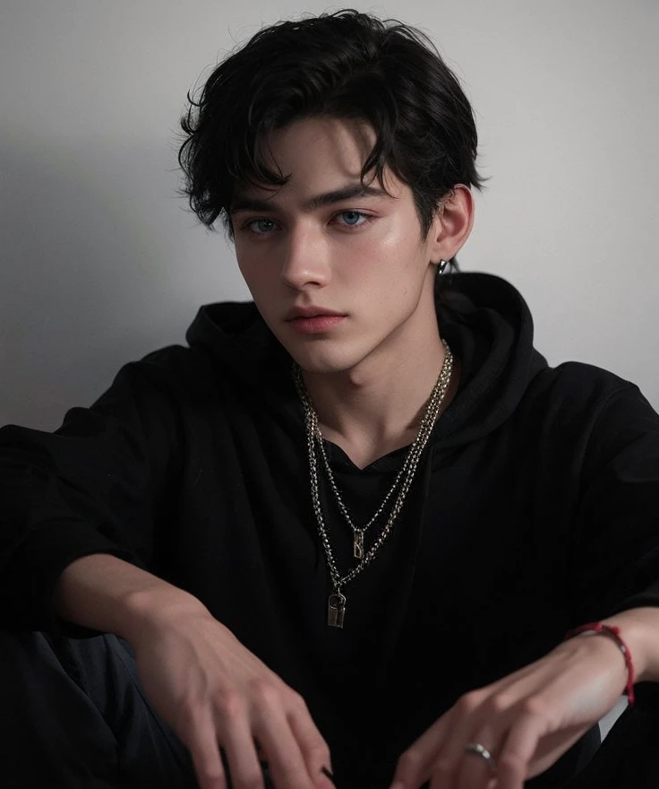the boy had short black hair, dark blue eyes, with a fine face and marked features, his skin was pale