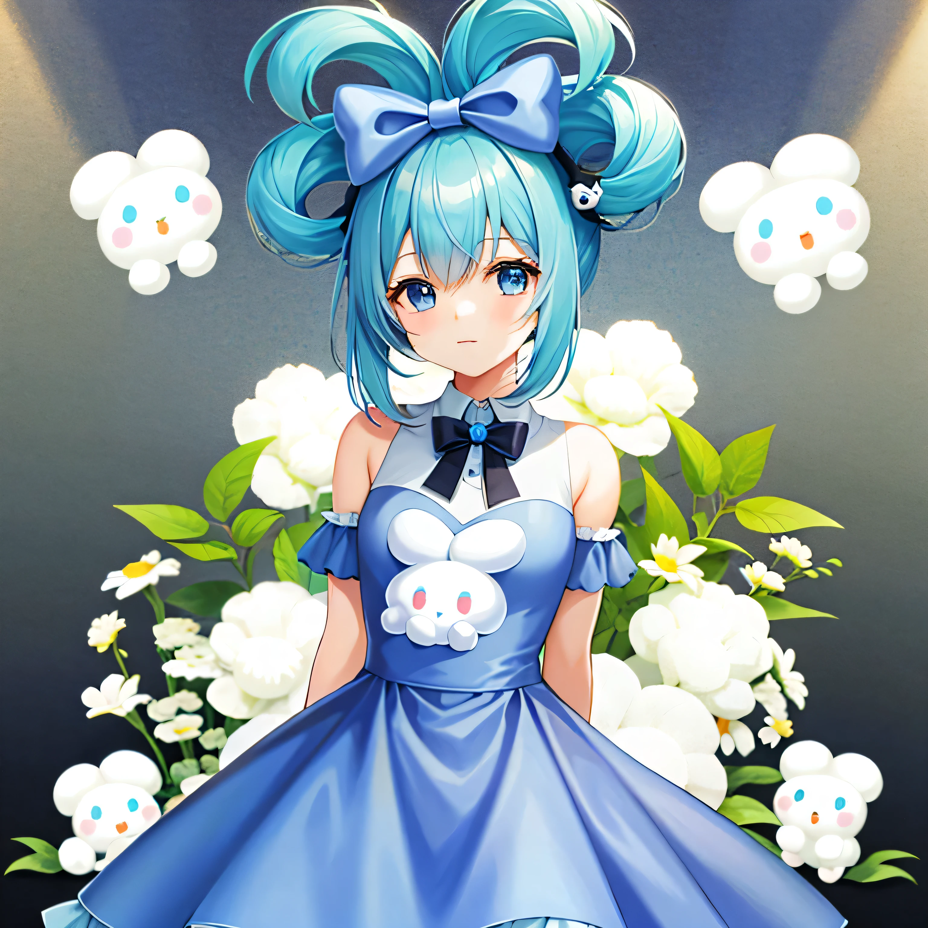 1girl, solo, Cinnamic, Blue hair, Blue eyes, hair rings, Hair Bow, blue bow, (cinnamoroll, tied ears, sanrio, 1other, Creature:1.2) black sleeves, bare shoulders, Blue tie, wide sleeves, shirt with collar, detached sleeves, tie, Blue tie, kawai,