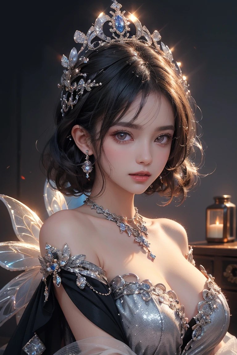 1 Girl,(Bright red lips,blush,powder blusher:0.5),eyelash,Black Hair,(Half bun:0.3),Messy hair,cosmetic,Beautifully detailed big round dark brown eyes,Double eyelids,Supermodel,Delicate skin,(Smile,Open your mouth),Looking at the audience,
Huge breasts,Off-shoulder,Necklace,
(((Kaneko, silver, Shimmer)), Fairy),Limited color palette,Compared,Phenomenal aesthetics,best quality,Gorgeous artwork,
masterpiece,best quality,high quality,high resolution,Natural light,Ray Tracing,Volumetric Light,Practical,photoPractical,ultra high resolution,vivid,(whole body:1.3),