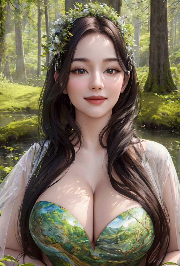 a breathtakingly beautiful landscape, lush and serene forest, shimmering smile, (best quality, 4k, 8k, highres, masterpiece:1.2), ultra-detailed, (realistic:1.37), fine art, stunning, tranquil, inspirational, dramatic lighting, forest, horizon, natural beauty