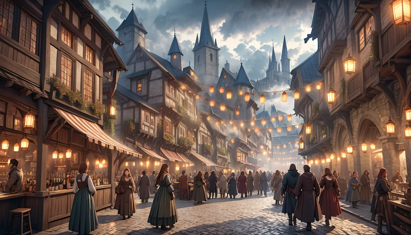 a medieval fantasy RPG town, stone buildings, many people, bar, detailed architecture, cobblestone streets, medieval market, lanterns, warm lighting, renaissance era, ornate details, intricate designs, atmospheric fog, moody lighting, cinematic composition, dramatic lighting, photorealistic, 8k, high quality, highly detailed