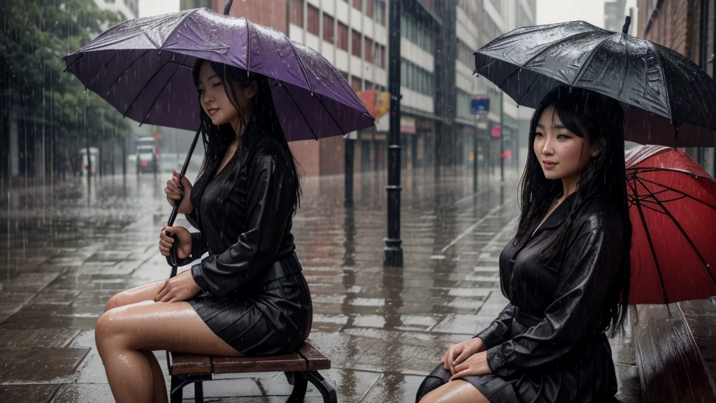 ((slow speed street photography style)), f-stop 1/4 ISO100 f/8, heavy rain atmosphere, detailed water drops heavy rain, a beautiful Korean female is seen sitting on a bench edge street alley city park, enjoying ((without an umbrella)), detailed wet face smiling kindly, straight hair wet, water dripping, wearing Purple silk blouse with Black silk skirt, wet clothes (detailed textures of the wet fabric), floods inundate the streets, there is a red umbrella next to it, proportional female posture, hyperdetailed, hyperrealistic,HD26K