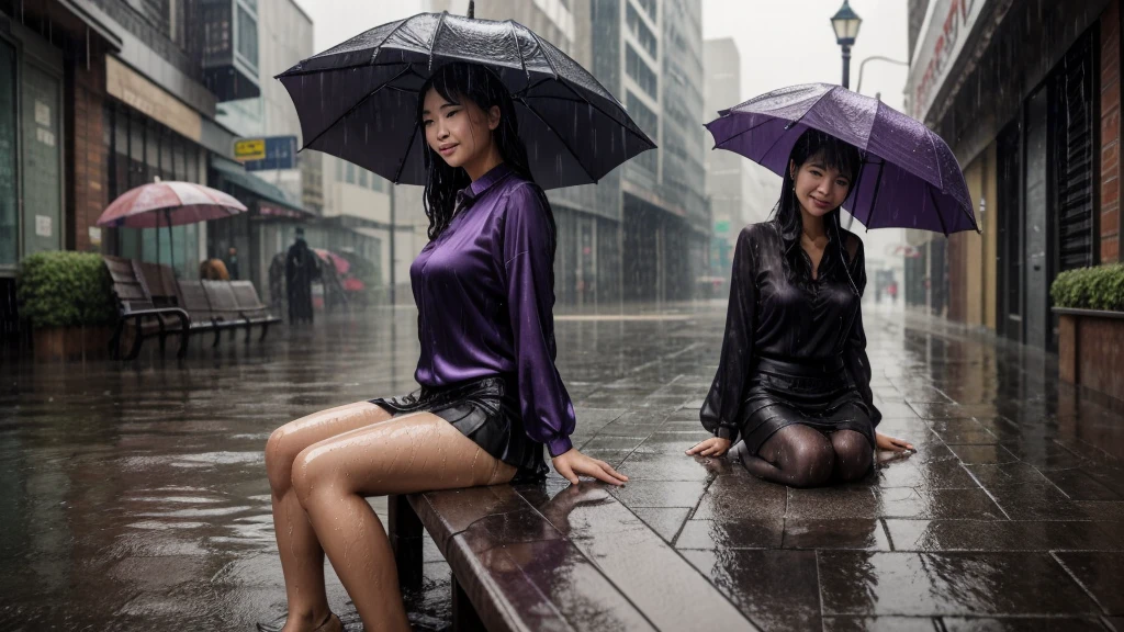 ((slow speed street photography style)), f-stop 1/4 ISO100 f/8, heavy rain atmosphere, detailed water drops heavy rain, a beautiful Korean female is seen sitting on a bench edge street alley city park, enjoying ((without an umbrella)), detailed wet face smiling kindly, straight hair wet, water dripping, wearing Purple silk blouse with Black silk skirt, wet clothes (detailed textures of the wet fabric), floods inundate the streets, there is a red umbrella next to it, proportional female posture, hyperdetailed, hyperrealistic,HD26K