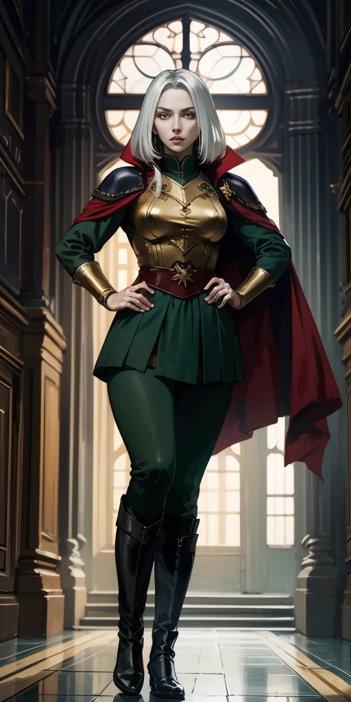 A woman with long platinum bob hair, arched crescent eyebrows, sharp and determined eyes, a delicate oval face, a serious expression, a fantasy-style dark green military coat, draped with a dark red waist-length cloak, military trousers, leather combat boots, silver greaves leggings, one hand on her hip, standing in a spacious training ground, this character embodies a finely crafted fantasy-style female military officer in anime style, exquisite and mature manga art style, pale skin, high definition, best quality, highres, ultra-detailed, ultra-fine painting, extremely delicate, professional, perfect body proportions, golden ratio, anatomically correct, symmetrical face, extremely detailed eyes and face, high quality eyes, creativity, RAW photo, UHD, 32k, Natural light, cinematic lighting, masterpiece-anatomy-perfect, masterpiece:1.5