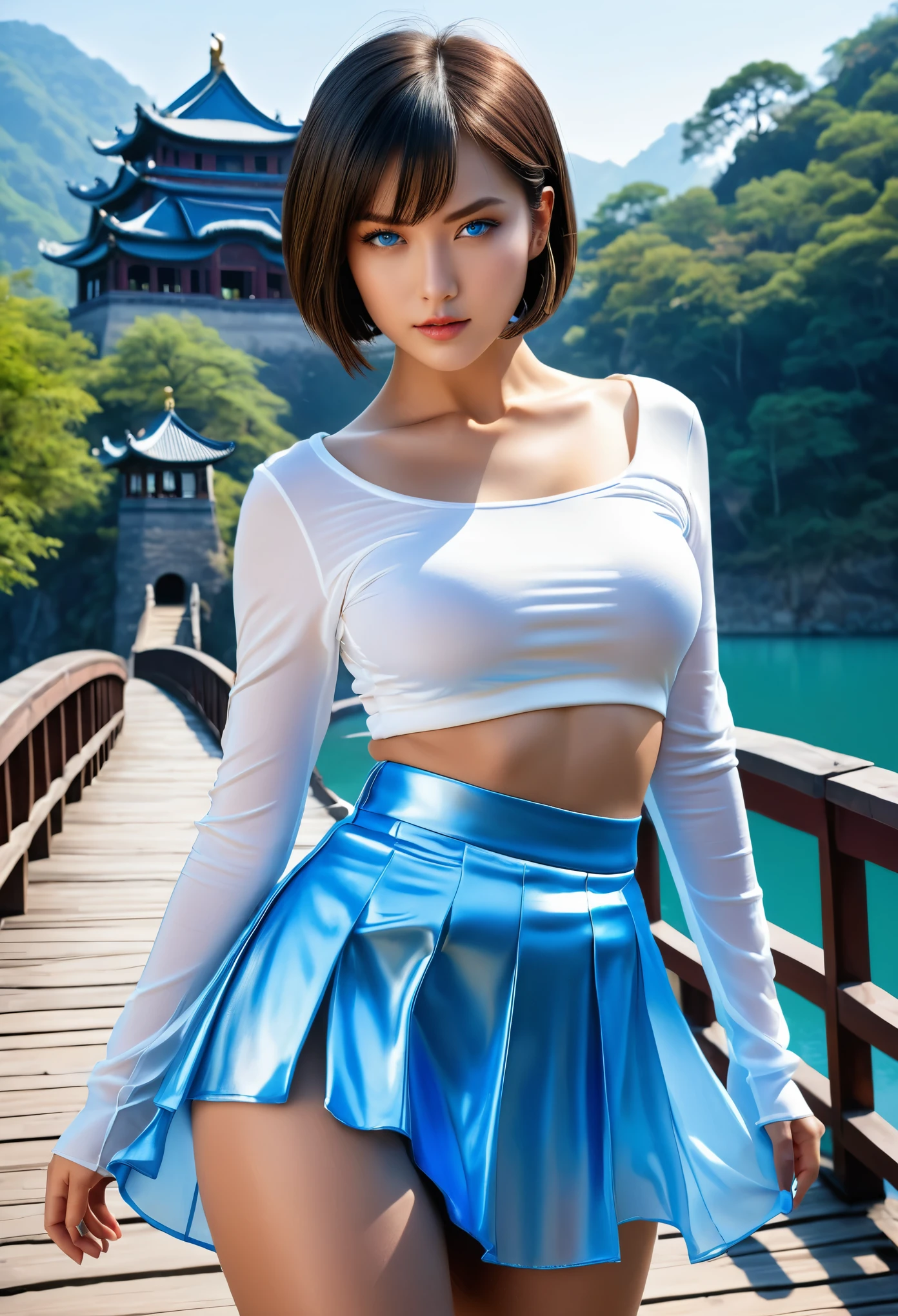 ((RAW photo), absurd, (absurdresolution)), masterpiece, best quality, (Extremely detailed 8k unity CG wallpaper), (best illustration), (best shadow), Realistic lighting, beautiful detailed glow, super model, very beautiful, (Bob cut, short, metallic blue), clean face, (sky blue eyes, perfect pupil), white top exposed navel, transparent skirt, long silk gloves, over the knee boots, ((Background: curved wooden bridge, blue lake, Chinese imperial castle, faint mist))