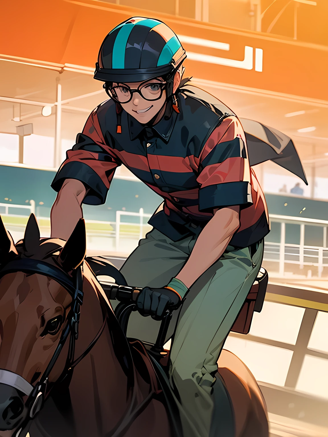 50yo, old man(electrical work Striped clothes),(electrician helmet), all shaved head,black-rimmed glasses, riding racehorse, racetrack,smile, winning run