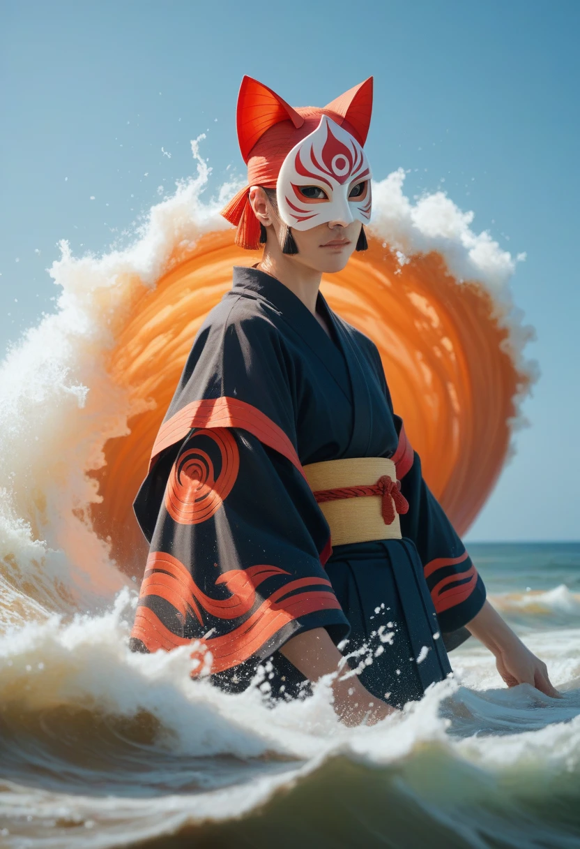 Cat hannya samurai mask red orange waves chrysanthemums