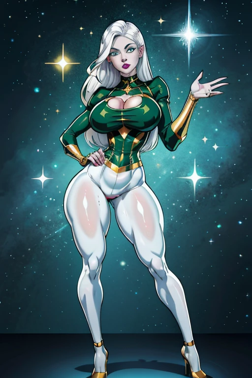 long gold hair, green eyes, sparkling eyes, deep glossy eyes, glossy lips, white pale skin, freckles on face, big eyes, juicy lips, big breasts, big hips, hourglass figure, blue outfit, emerald red, cleavage, bursting, tight clothes, full body in shot, random expression, random posture, random gesture, seductive pose, seductive glare