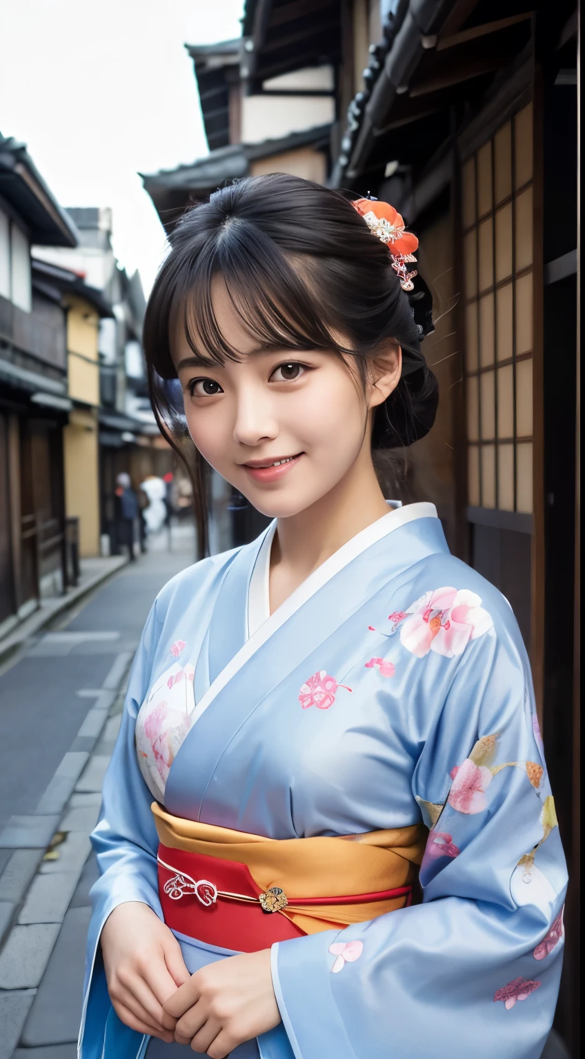 Professional Lighting,(Realistic:1.4), (Top image quality:1.0), (超High resolution:1.0), 8k, Raw photography, (masterpiece:0.2), (Dealing with the Children_v1:0.5)、(最高quality Detail:1.2)、Realistic、8kウルトラHD、High resolution、(1 girl:1.2)、超detailedな、High quality textures、複雑なdetailed、detailed、Very detailed CG、High quality shadows、detailed 美しく繊細な顔、Beautiful details and a delicate eye、(Symmetrical eyes:1.2),Written boundary depth、Ray Tracing,1 girl, Japanese Girls, (Natural smile:1.4),cute, thin, Portrait of a beautiful Japanese woman in a kimono, Standing elegantly on a street corner in Kyoto. Kimono with vibrant traditional patterns, Hair decorated with elegant and delicate hairpins, Gentle expression. (With the old streets of Kyoto in the background:1.4)、The soft light of a spring afternoon、Adding tranquility to the scene. Rendered in a Realistic style with great attention to detail, High resolutionの画像.Sky Porn, Magic Hour, (Realistic:1.3), finely, quality, (Tabletop:1.2), (Realistic:1.2), (最高quality), (複雑なdetailed), dramatic, Ray Tracing, photograph, +roller