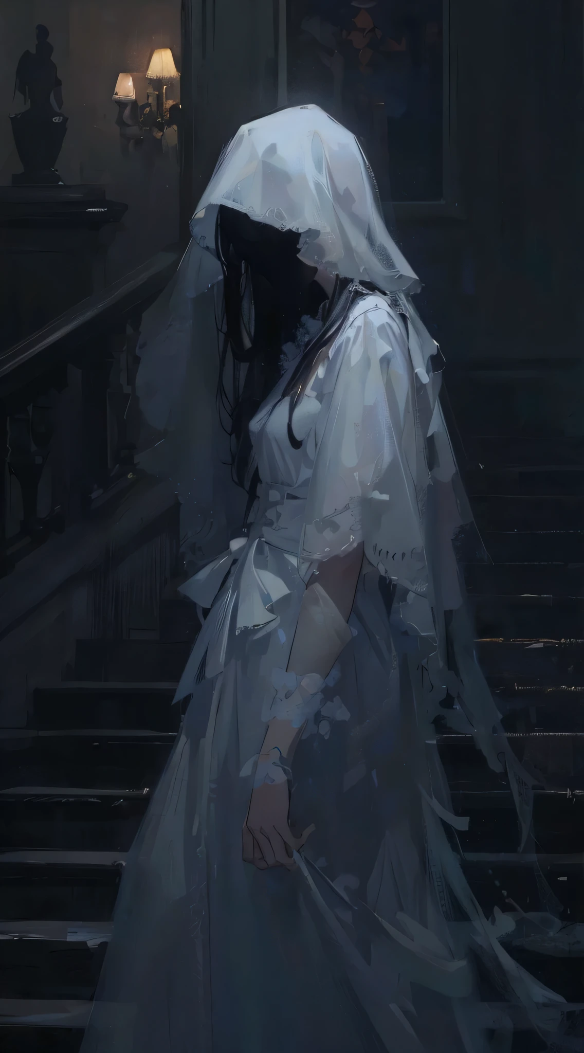 arafed woman in a white dress and veil walking down a flight of stairs, concept art by Yanjun Cheng, Artstation, gothic art, guweiz, artwork in the style of guweiz, guweiz on artstation pixiv, guweiz on pixiv artstation, style of charlie bowater, guweiz masterpiece