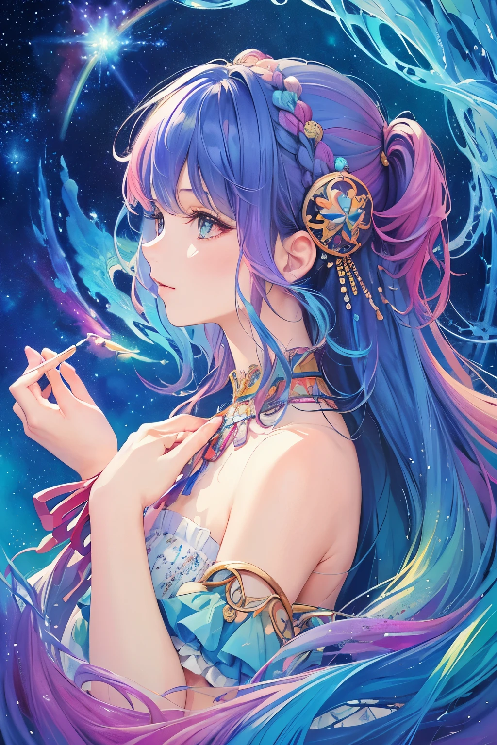 (masterpiece, Highest quality, Highest quality,watercolor (Moderate),Official Art, beautifully、aesthetic:1.2),(One girl:1.3), (Fractal Art:1.3),Upper Body, From the side, View your viewers,pattern,(Rainbow Hair,colorful hair,Half Blue、Half pink hair:1.2),water,liquid, cloud,colorful, Starry sky,performer,