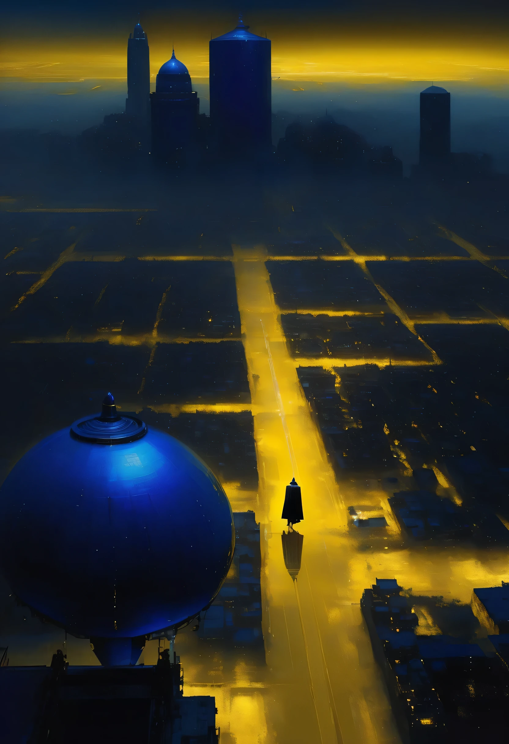 Pixelart por Jeremy Mann, Man in black cape in yellow desert walking arriving in a big city at night, shades of dark royal blue in the majority and small details in dark yellow and gold, 4D high relief texture painting, 8k, 4D, futuristic, water tank in the background, ornate desert, aerial view, view from far away, photorealism, abstract impressionism