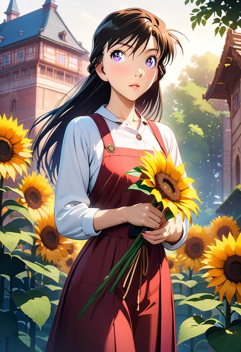 Beautiful young woman with long dark hair, holding a sunflower in your hands, Full Body Shot, Anime Style, Detailed face, Beautiful Eyes, Delicate lips, Perfect Skin, Elegant pose, Natural light, Vibrant colors, masterpiece, Very detailed, 8k, Realistic, Intricate details, Structure of the film, Warm color palette, Soft lighting, Beautiful background scenery, Lush greenery, Picturesque gardens