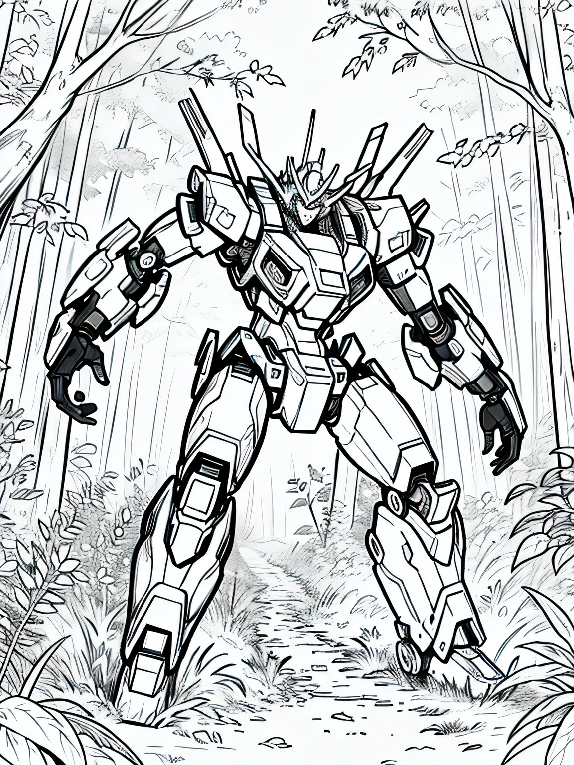 masterpiece, Best Quality, a mecha in the forest, closeup Line art, monochrome, clean lines, black and white, his summer, coloring book page,