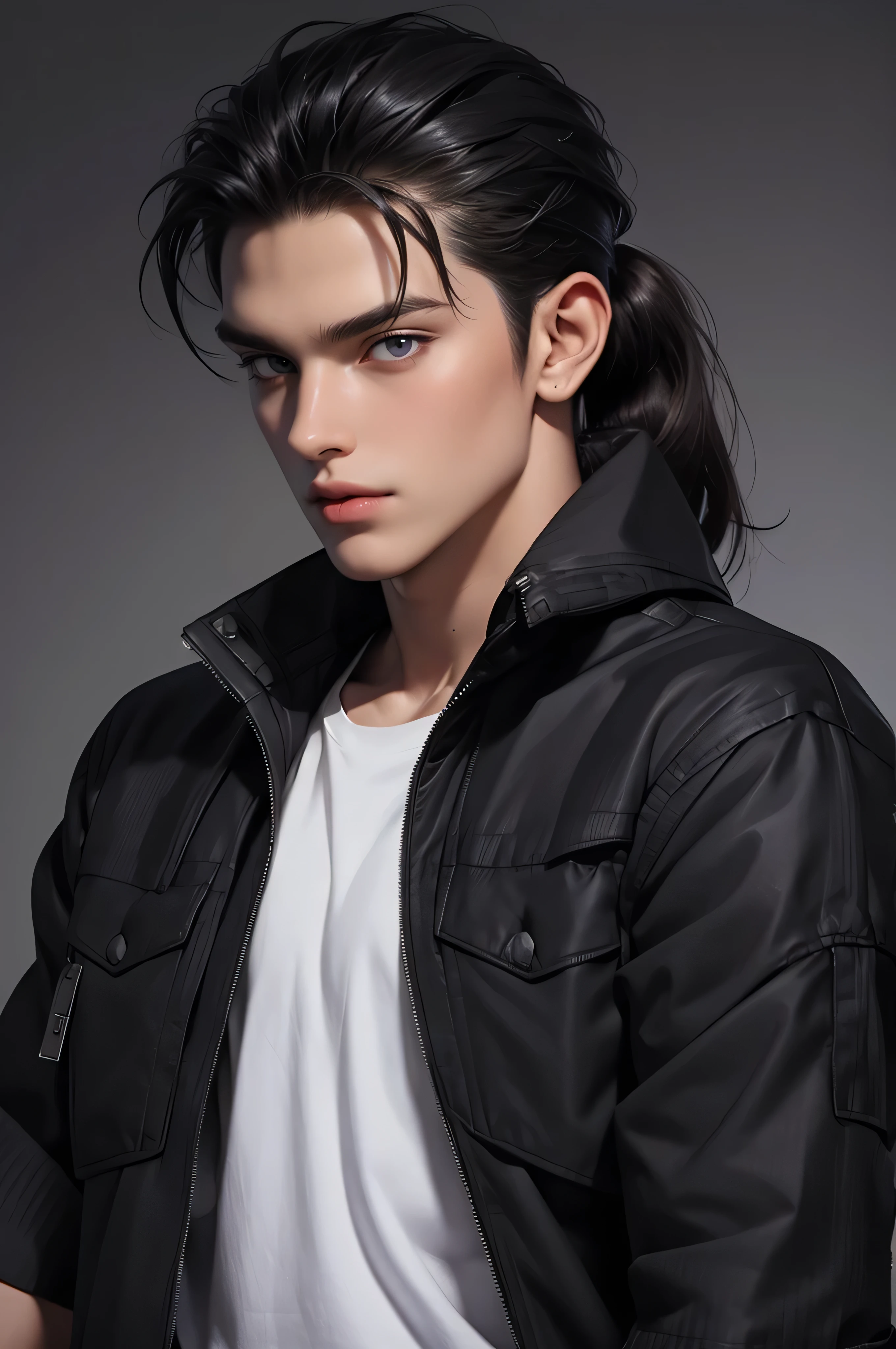 a man, muscualr,strong body,trained, ((wearing half sleeve black jacket:1.5)), (best quality,4k,8k,highres,masterpiece:1.2),ultra-detailed,realistic,professional,(portraits,concept artists),vivid colors,sharp focus,HDR,studio lighting,(black hair:1.1),(purple eyes:1.1), hair reaching the above neck, tied in a short half-ponytail, dutch feature, tanned skin