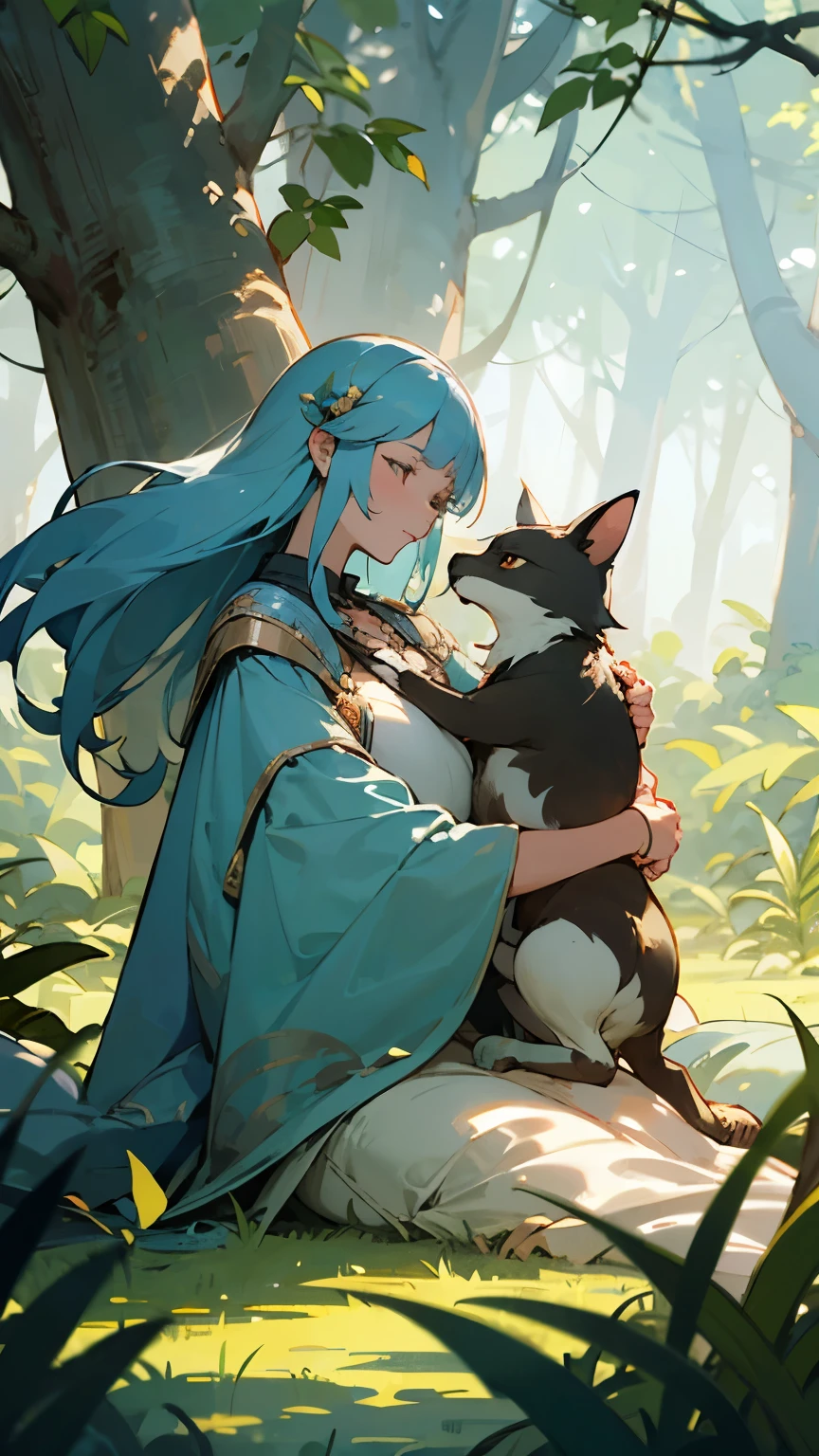 "Gentle healer tending to magical creatures. In a serene glade with medicinal plants. Soft, warm light and a variety of fantasy animals seeking care."