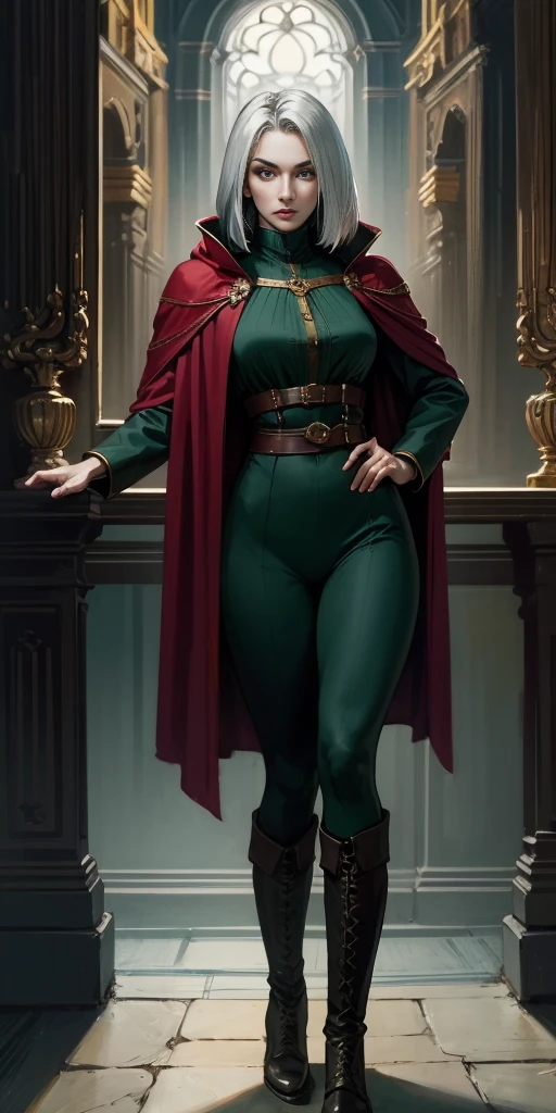 A woman with long platinum bob hair, arched crescent eyebrows, sharp and determined eyes, a delicate oval face, a serious expression, a fantasy-style dark green military coat, draped with a dark red waist-length cloak, military trousers, leather combat boots, silver greaves leggings, one hand on her hip, standing in a spacious training ground, this character embodies a finely crafted fantasy-style female military officer in anime style, exquisite and mature manga art style, pale skin, high definition, best quality, highres, ultra-detailed, ultra-fine painting, extremely delicate, professional, perfect body proportions, golden ratio, anatomically correct, symmetrical face, extremely detailed eyes and face, high quality eyes, creativity, RAW photo, UHD, 32k, Natural light, cinematic lighting, masterpiece-anatomy-perfect, masterpiece:1.5