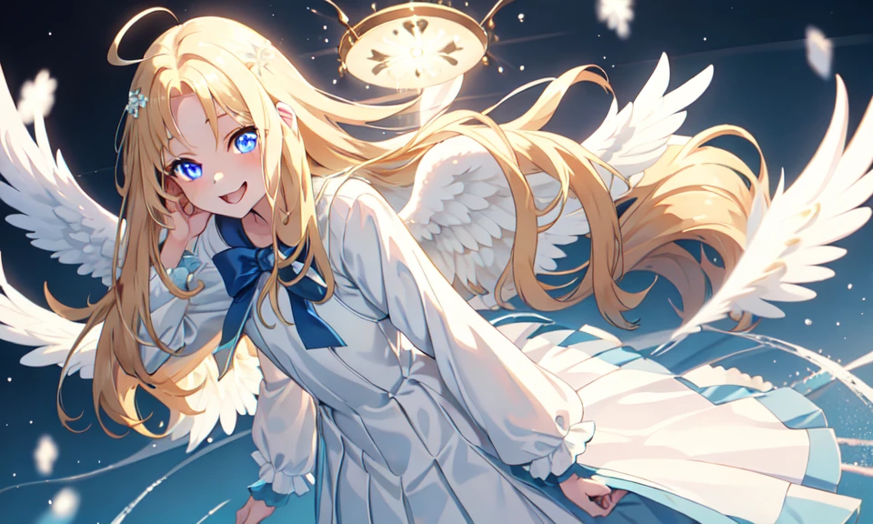 best quality, one girl, young, blonde hair, flat chest, (blue eyes:1.3), top of head cowlick , long hair, (white angel wings:1.3), smile, (blue dress), short dress, forehead, pleated dress, long sleeves, standing, , 1 snow falling,  masterpiece, hair flowing on left and right, bangs,top down view