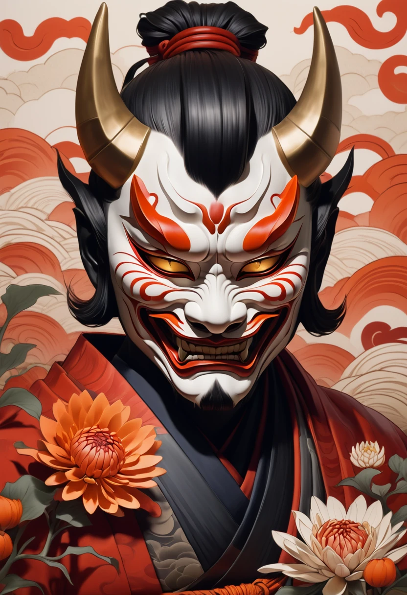 Cat hannya samurai mask red orange waves chrysanthemums