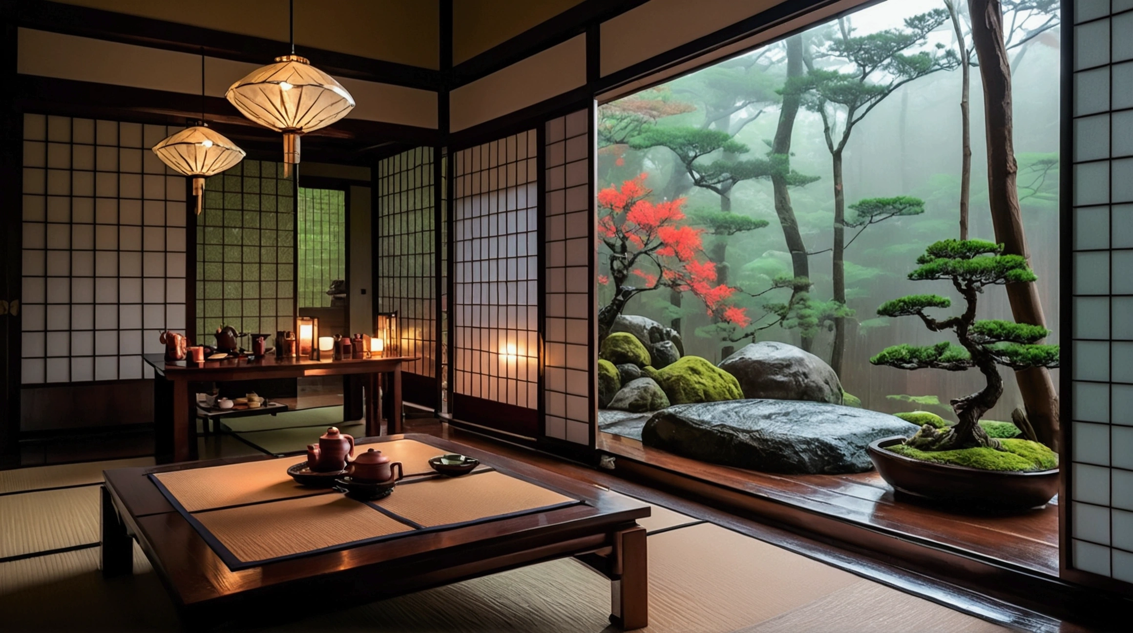 Traditional Japanese interior with tatami mats, shoji screens and views of the lush gardens outside. This room is equipped with a low wooden table with tea cups and a bonsai tree, creating a serene and peaceful atmosphere, rainy outdoors