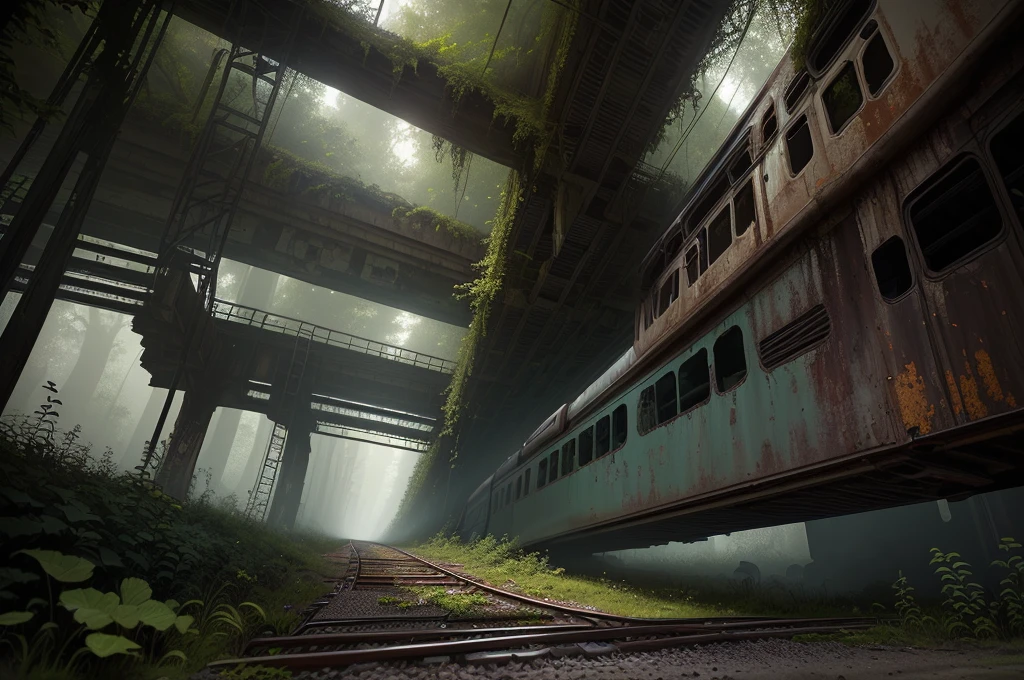 There is a train running under a bridge in the woods, abandoned railroad, an abandoned rusted train, abandoned railroads, Overgrown environment, Overgrown place, Post-apocalyptic atmosphere, an Overgrown, Overgrown, vegetation inspiration, Overgrown city, abandoned, Realistic dark concept art, dieselpunk train station, post apocalyptic scene, Post-End Day Setting ,((low angle shot 1.7)) ((Camera lens close to the ground to shoot 1.8))